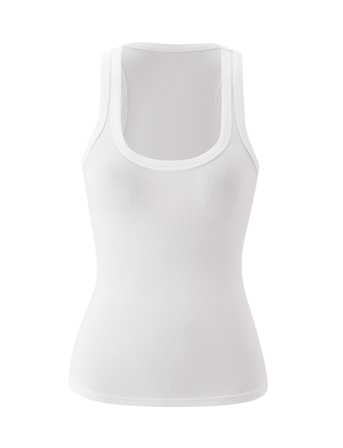 The AVNI TANK in white by TIGERMIST is a sleeveless top made from lightweight rib fabric with a scoop neckline, shown against a plain light background.