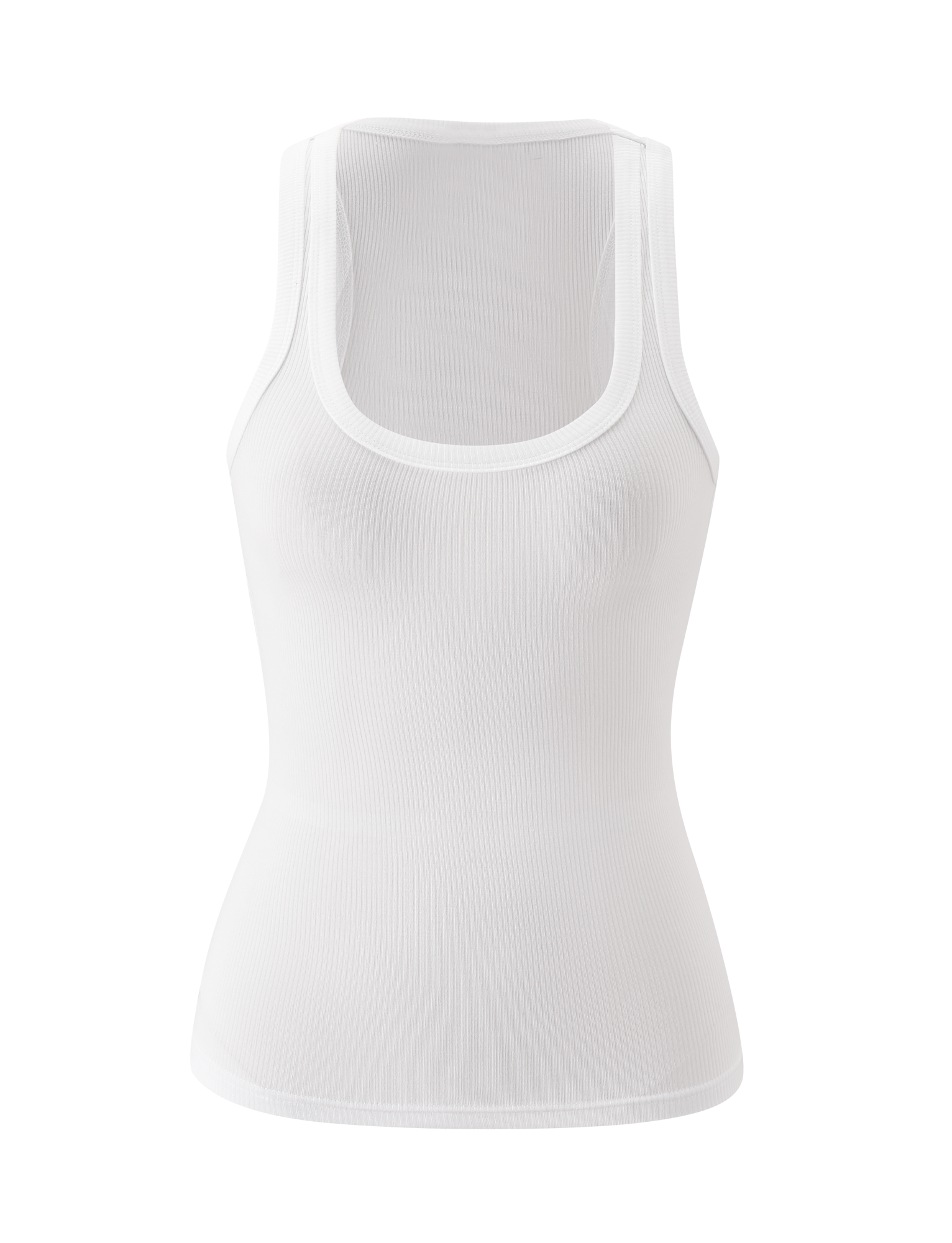 The AVNI TANK in white by TIGERMIST is a sleeveless top made from lightweight rib fabric with a scoop neckline, shown against a plain light background.