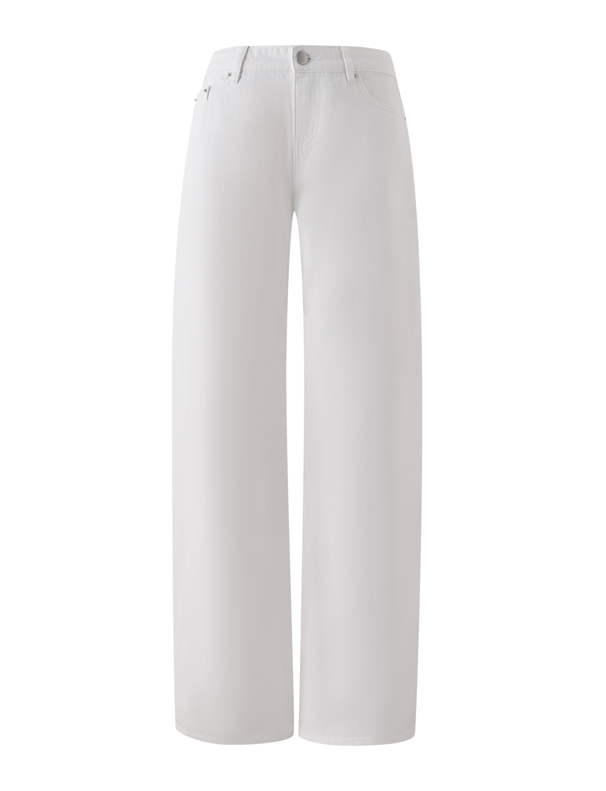The TIGERMIST MALIYA JEAN - WHITE features a high waist, wide-leg fit, extra long inseam, button and zip closure, plus front and back pockets; shown on a plain white background.