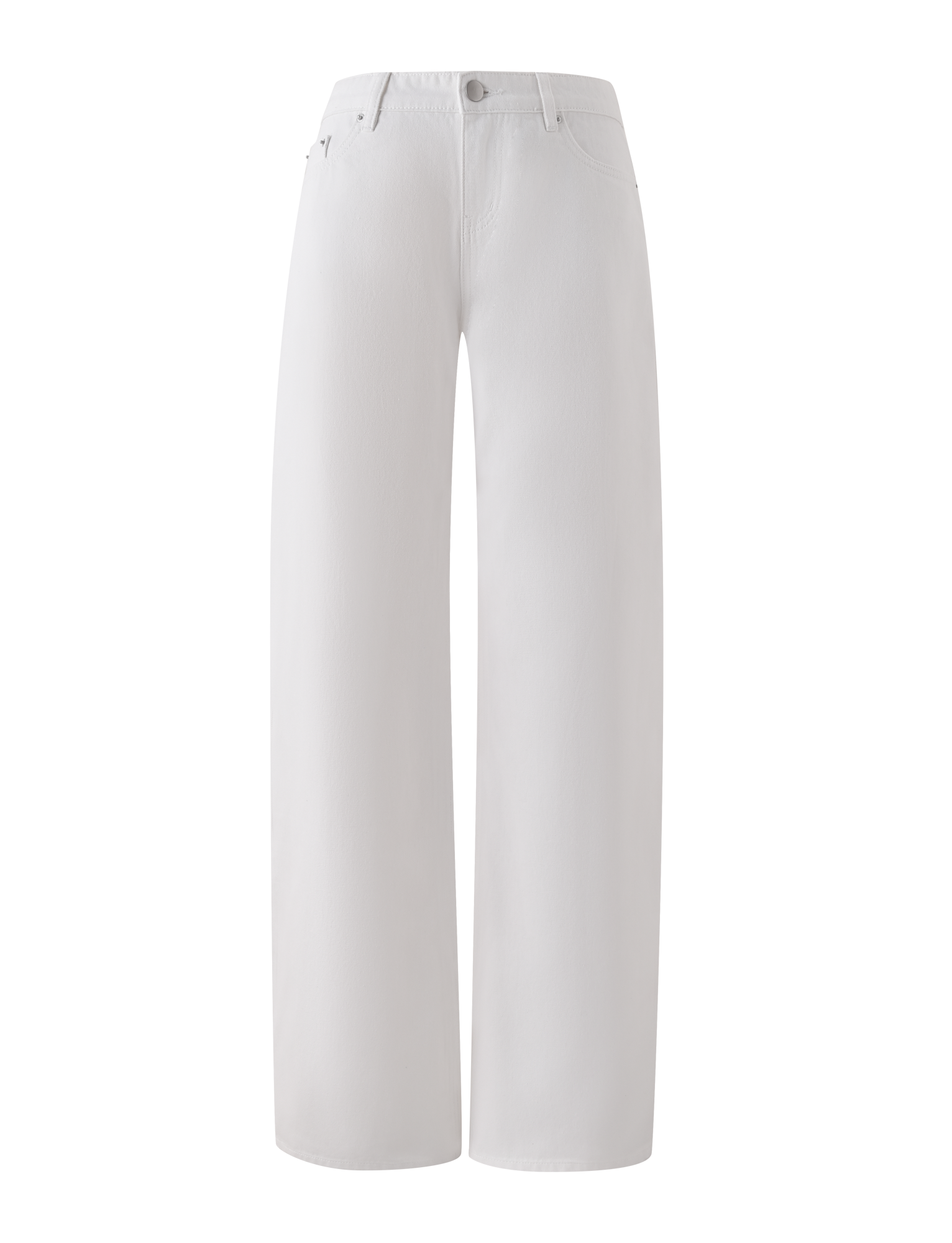The TIGERMIST MALIYA JEAN - WHITE features a high waist, wide-leg fit, extra long inseam, button and zip closure, plus front and back pockets; shown on a plain white background.