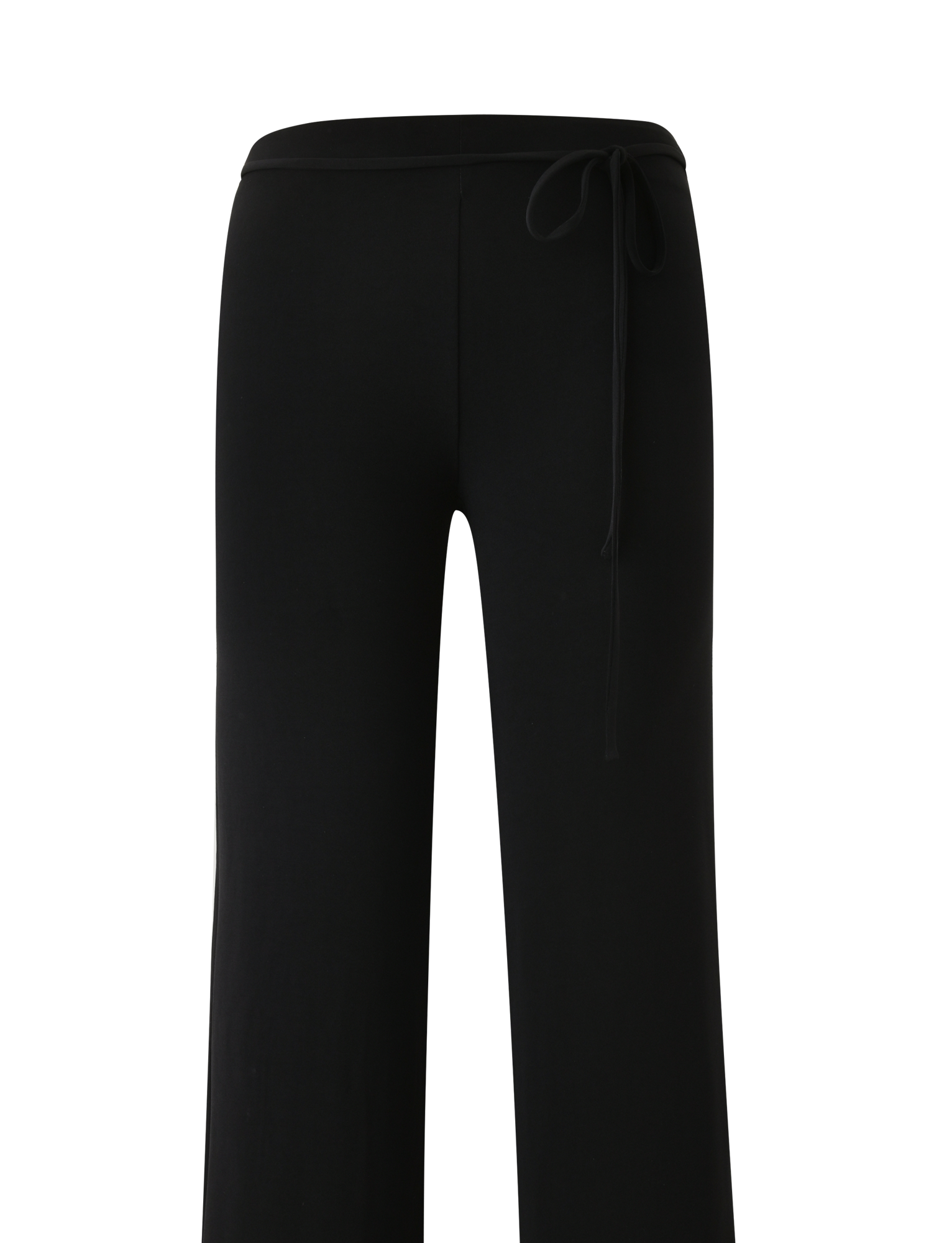 The TIGERMIST KAILI PANT in black features a mid-low rise waist, wide-leg silhouette, full length, and a removable self-tie belt, shown against a plain white background.