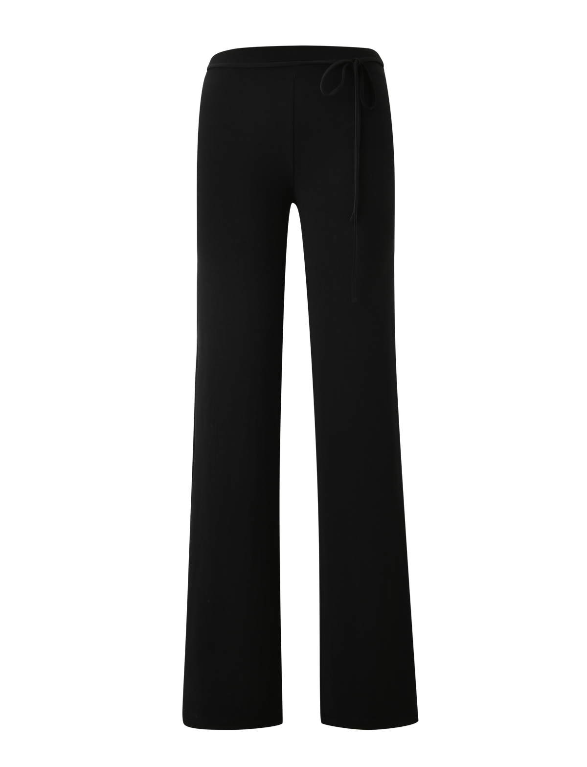 The KAILI PANT - BLACK by TIGERMIST features a full-length, wide-leg silhouette with a removable self-tie belt and elastic waistband, shown against a plain white background.