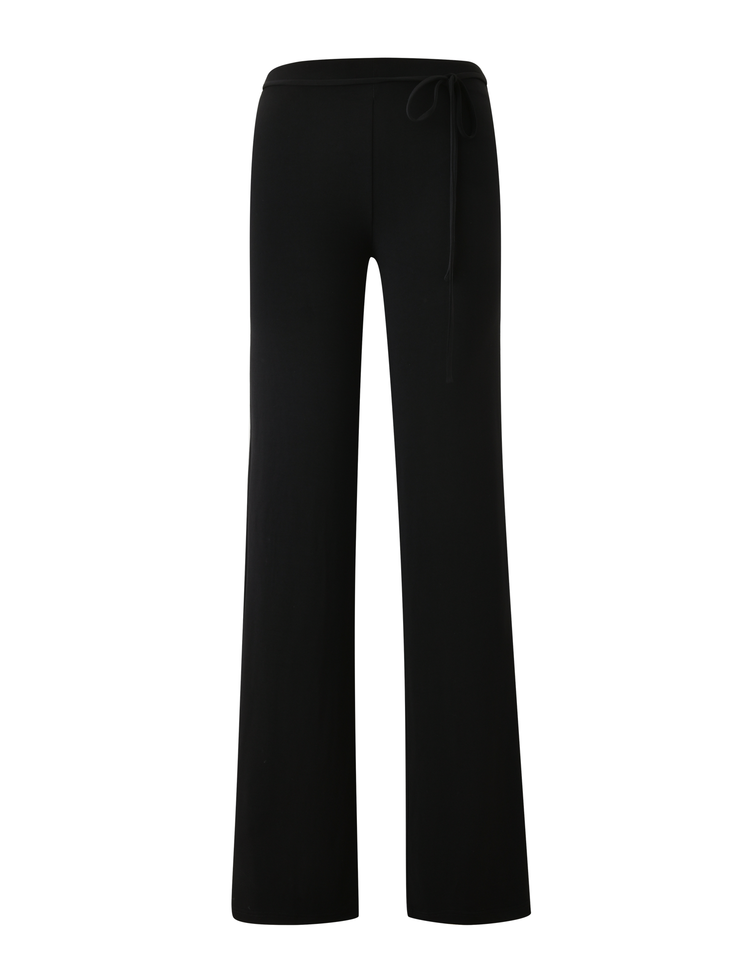 The KAILI PANT - BLACK by TIGERMIST features a full-length, wide-leg silhouette with a removable self-tie belt and elastic waistband, shown against a plain white background.