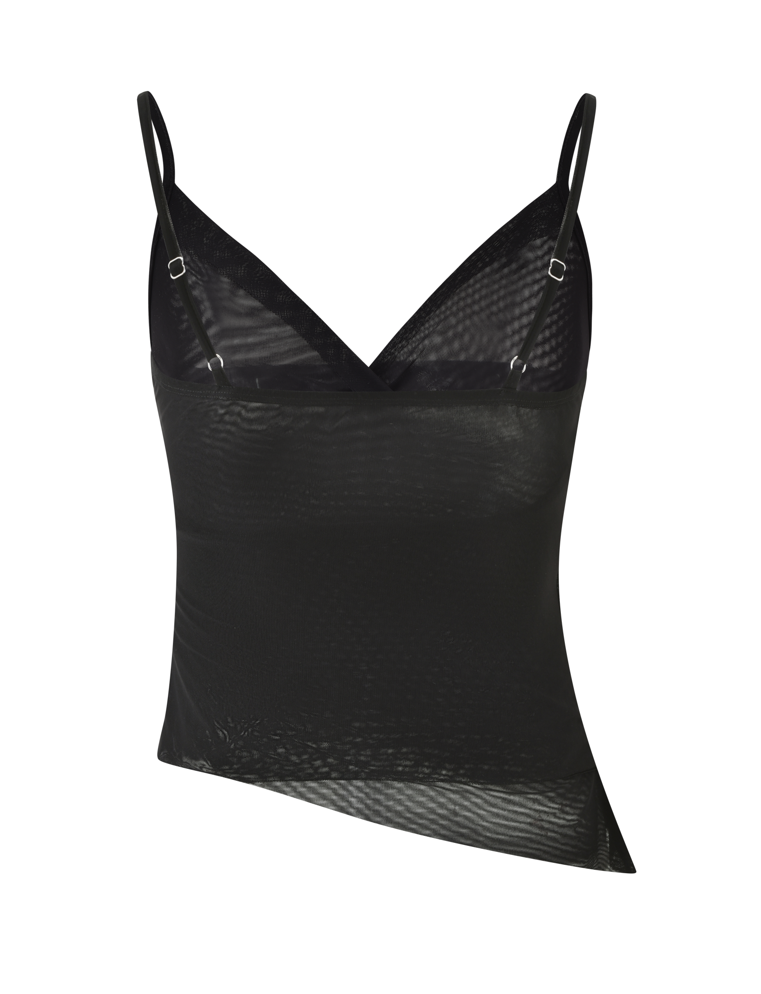 The TIGERMIST ALDEANA TOP - BLACK is a semi-sheer sleeveless camisole with adjustable thin straps and a faux wrap asymmetrical hem, shown on a plain white background.