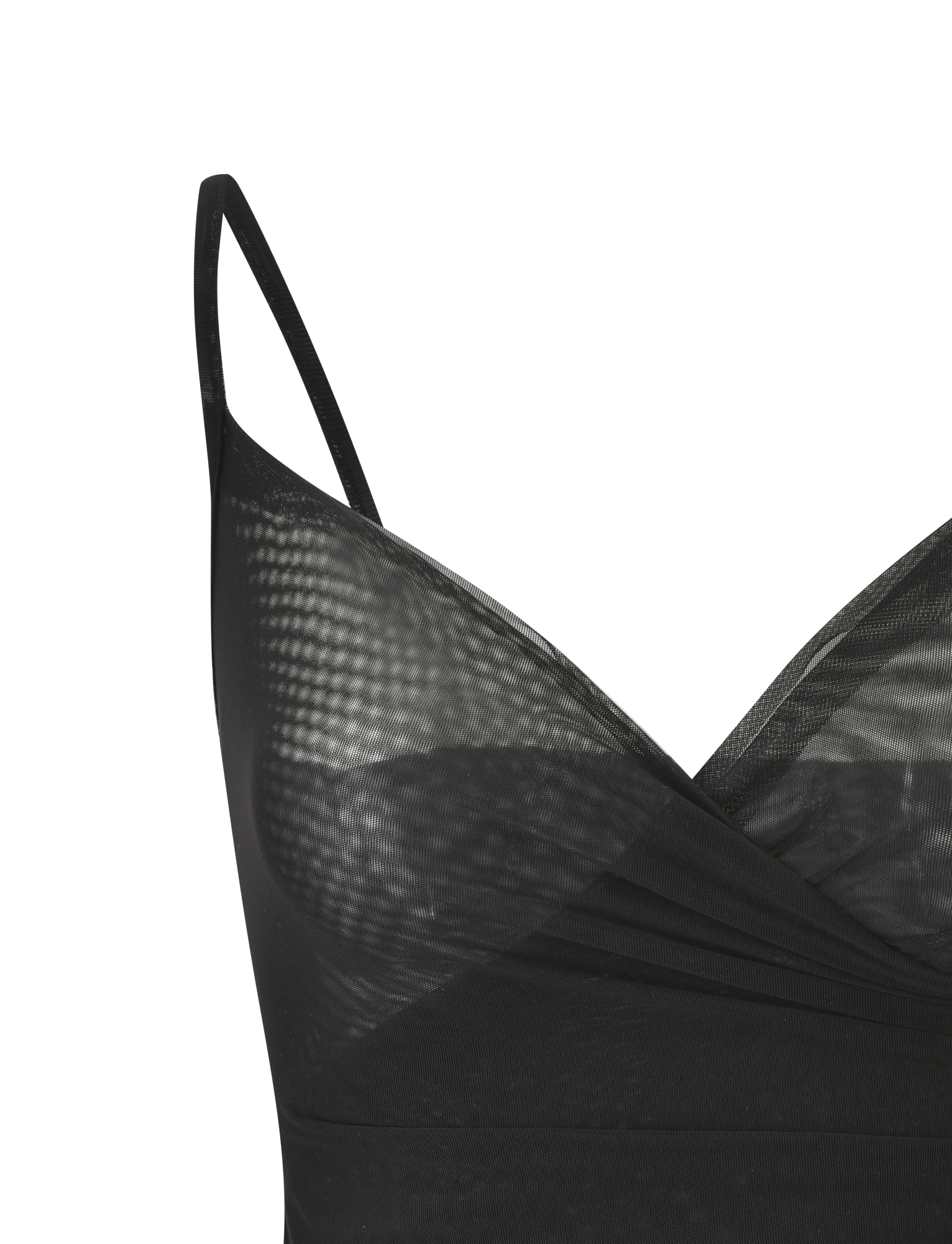 Close-up of the ALDEANA TOP - BLACK by TIGERMIST, a sheer mesh singlet with thin straps and a V-neckline, channeling subtle 90s vibes, displayed against a white background.