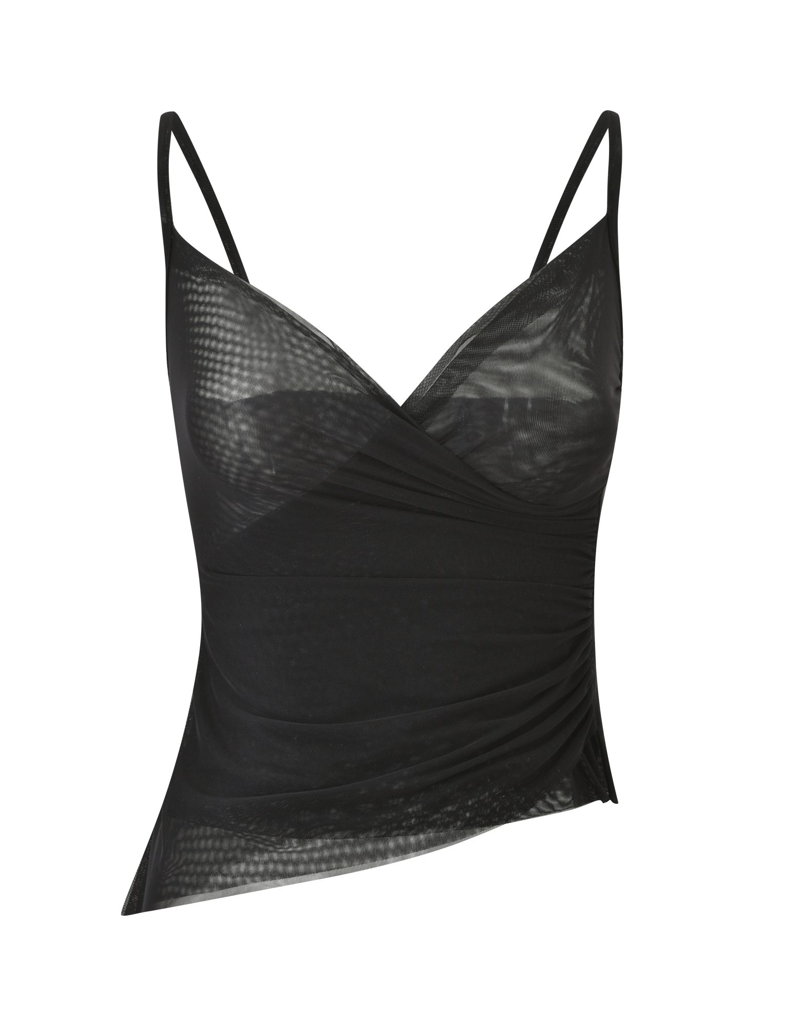 The ALDEANA TOP - BLACK by TIGERMIST is a black, sleeveless mesh camisole with thin straps, a faux wrap ruched design, semi-sheer finish, and fitted silhouette for a bold 90s-inspired look.