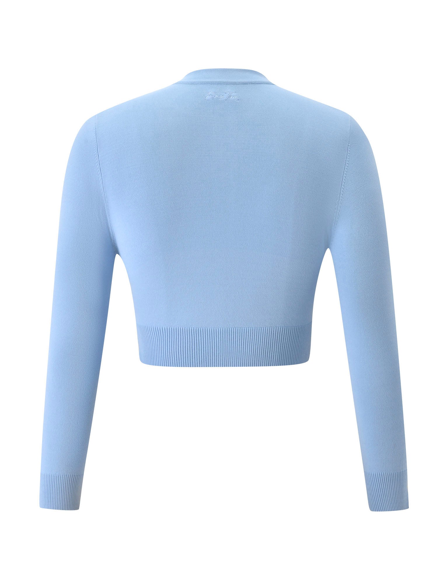 The DAMARIS CARDIGAN - BABY BLUE by TIGERMIST is a light blue, long-sleeve cropped cardigan shown from the back. This baby blue knit cardigan features a ribbed hem and cuffs, showcasing a simple, minimalist design.