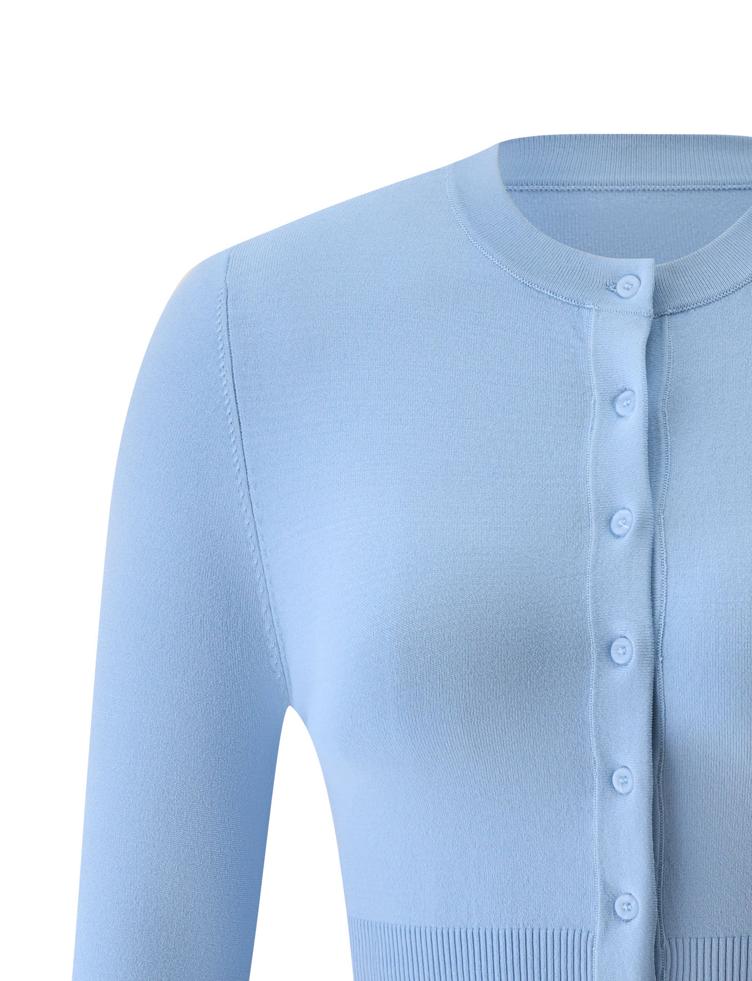The DAMARIS CARDIGAN in Baby Blue by TIGERMIST is a light blue, long-sleeve button-up knit cardigan, shown from the shoulders to the waist, featuring a round neckline and ribbed hem and cuffs.