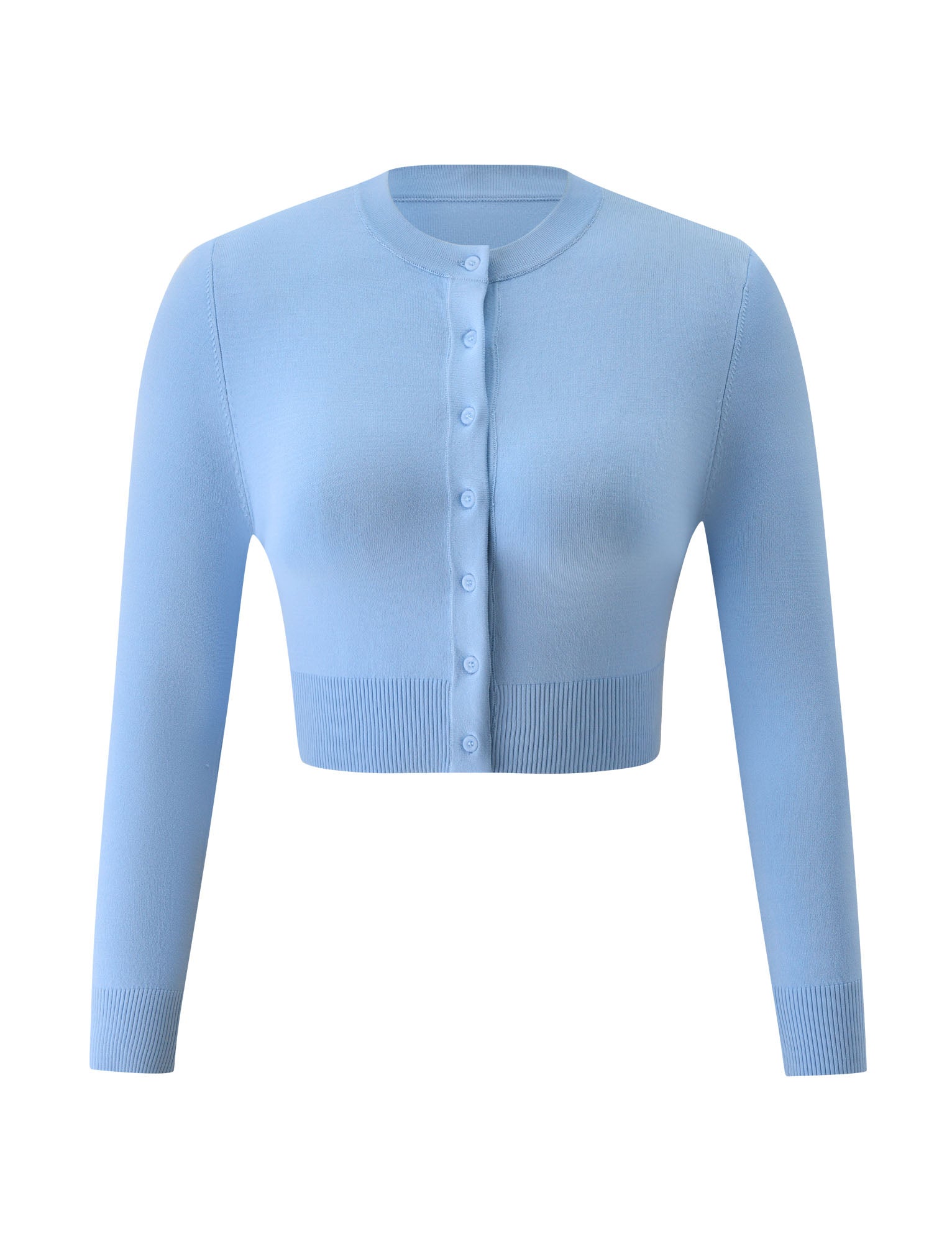 The DAMARIS CARDIGAN - BABY BLUE by TIGERMIST is a baby blue knit, long-sleeve cropped button-up featuring front buttons, shown against a plain white background.