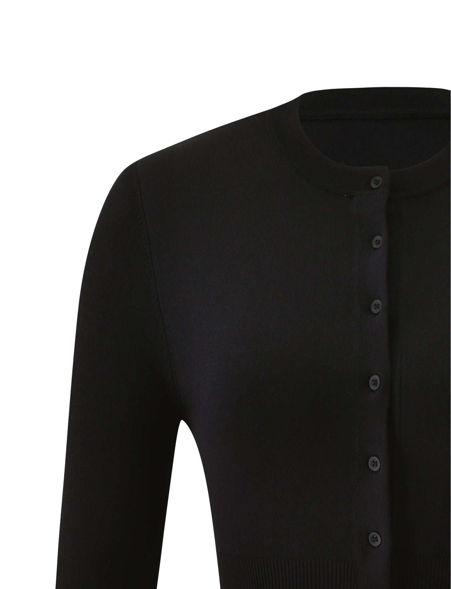 A close-up of the TIGERMIST DAMARIS CARDIGAN in black, featuring long sleeves and matching black buttons, shown from the chest to the neck against a white background.