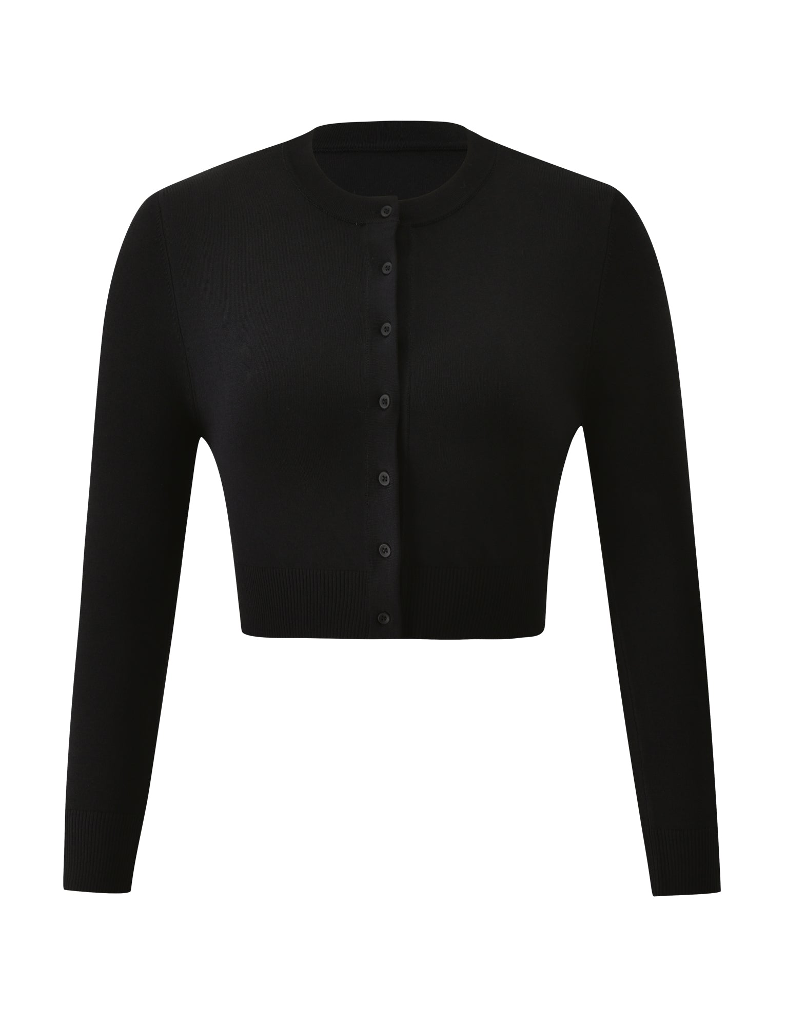 The DAMARIS CARDIGAN - BLACK by TIGERMIST is a black, knit, long-sleeve cropped cardigan featuring a round neckline and a row of buttons down the front, displayed against a white background.
