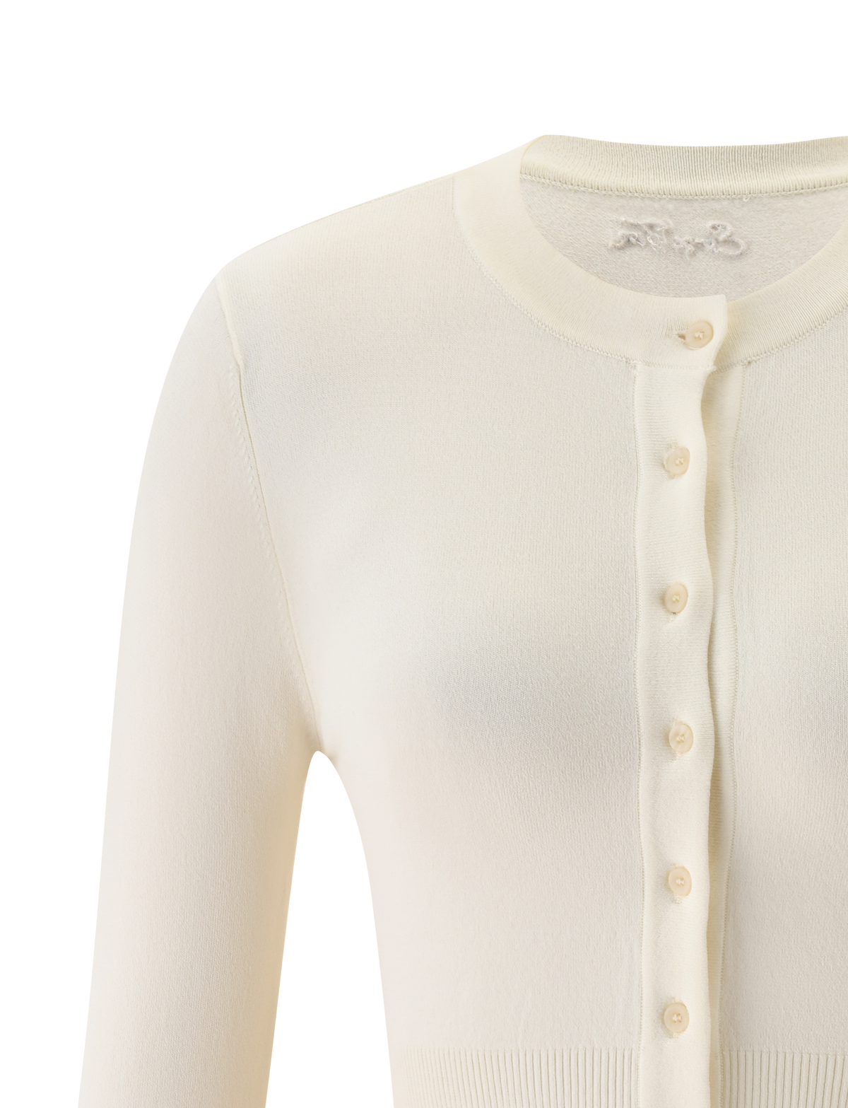 A close-up of the TIGERMIST DAMARIS CARDIGAN in cream, featuring a round neckline, matching button-up front, and long sleeves, displayed on a plain white background.