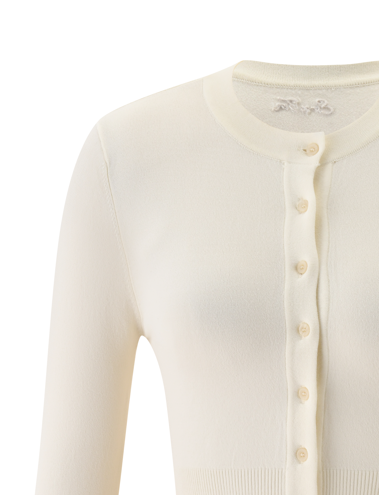 A close-up of the TIGERMIST DAMARIS CARDIGAN in cream, featuring a round neckline, matching button-up front, and long sleeves, displayed on a plain white background.