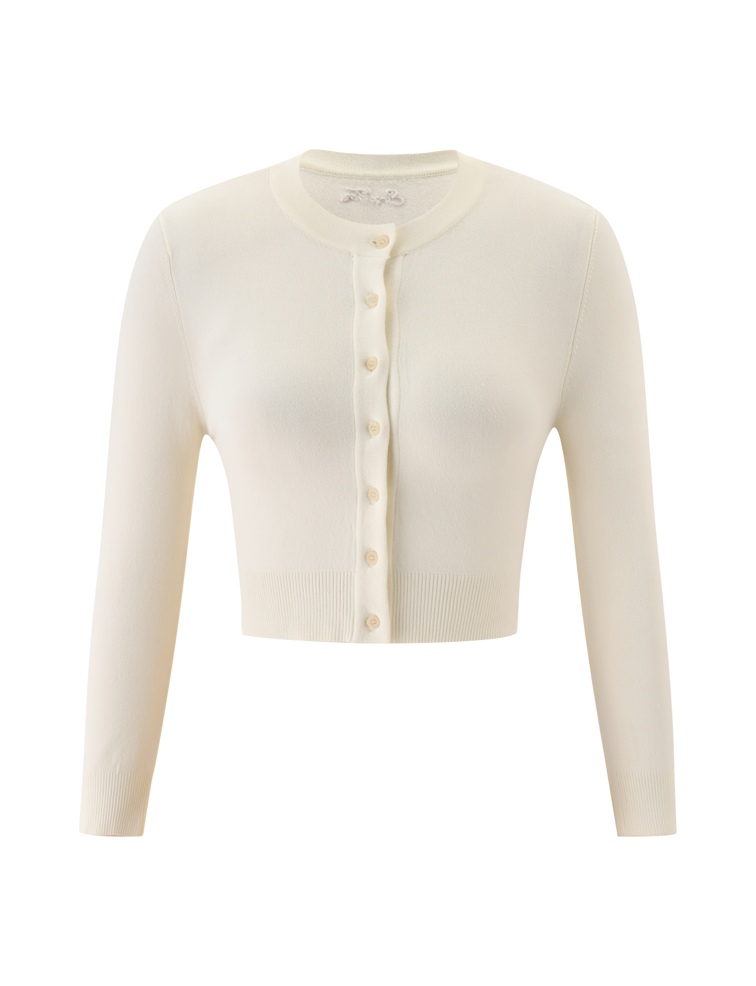 The DAMARIS CARDIGAN by TIGERMIST is a cream button-up knit with a cropped silhouette, long sleeves, round neckline, and semi-sheer finish, shown on a plain white background.