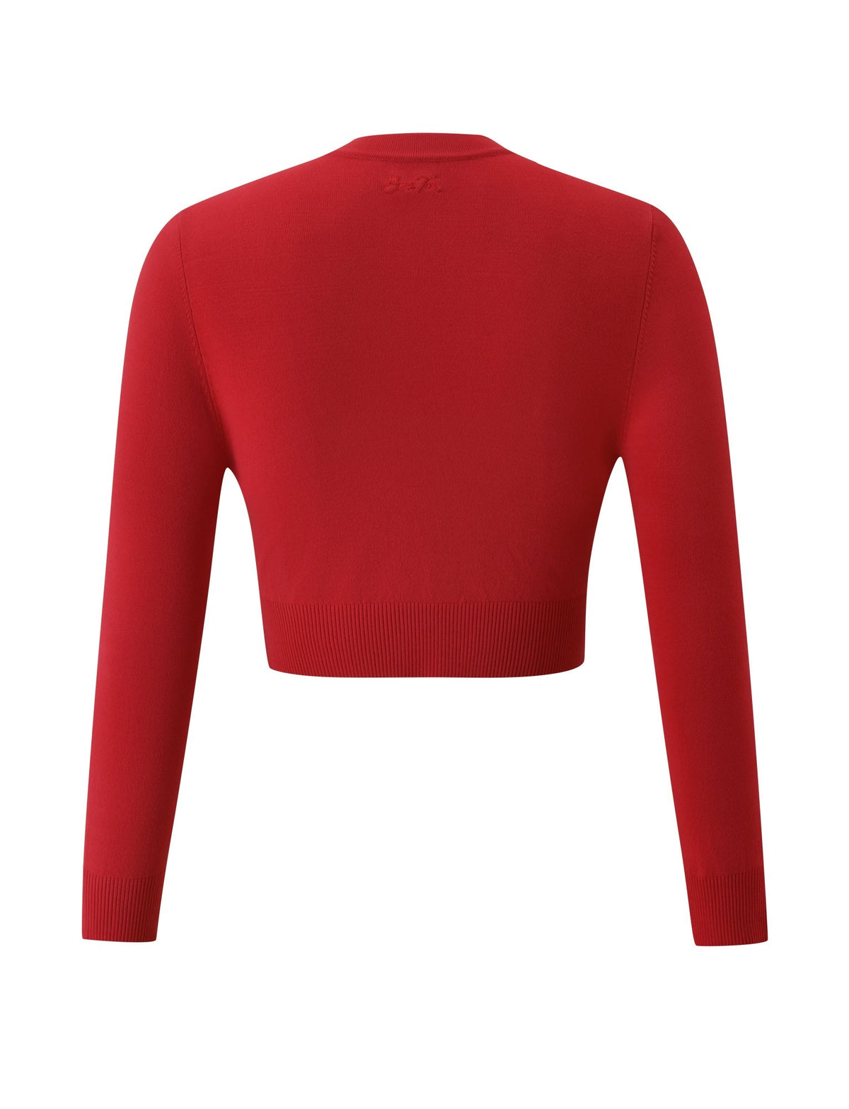 A back view of the TIGERMIST DAMARIS CARDIGAN in red, a long-sleeve, cropped knit cardigan featuring a fitted silhouette with ribbed waistband and cuffs, displayed against a white background.