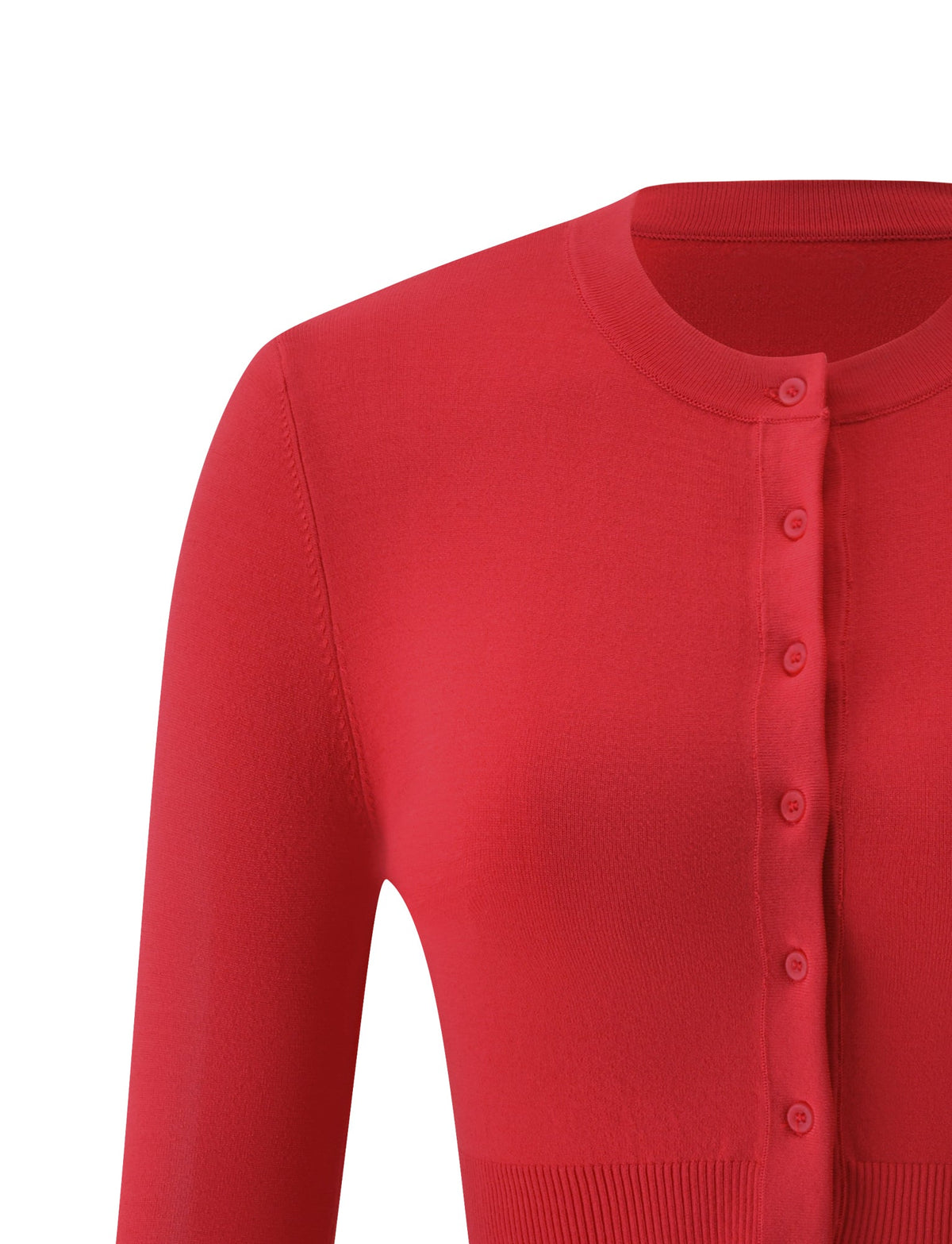 Close-up of the DAMARIS CARDIGAN - RED by TIGERMIST, a bright red, long-sleeve, button-up sweater displayed on a white background, highlighting the classic and cozy style of this knit cardigan.