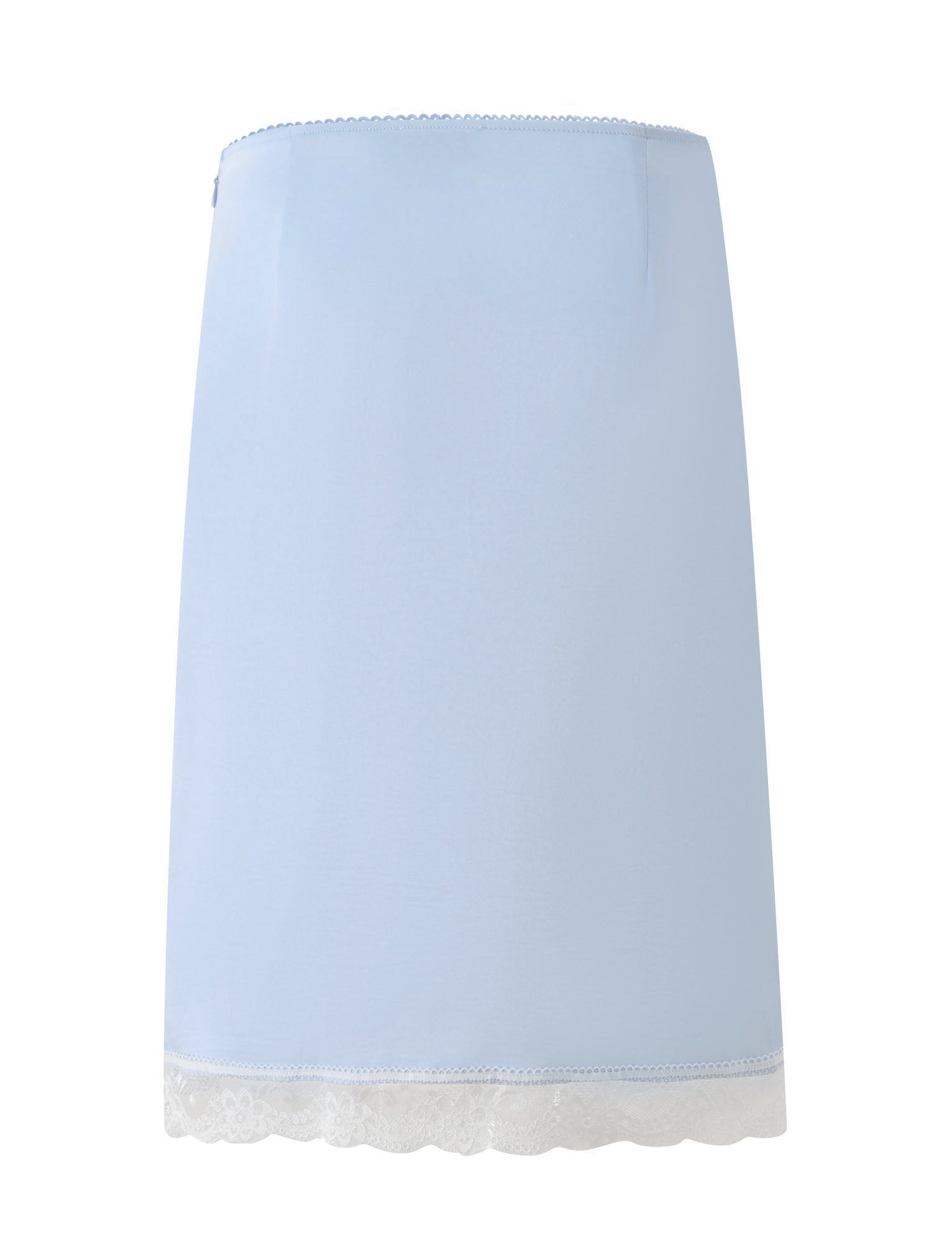 The LEISEL SKIRT in baby blue by TIGERMIST features a midi length and is detailed with a scalloped white lace trim at the hem, shown against a white background.