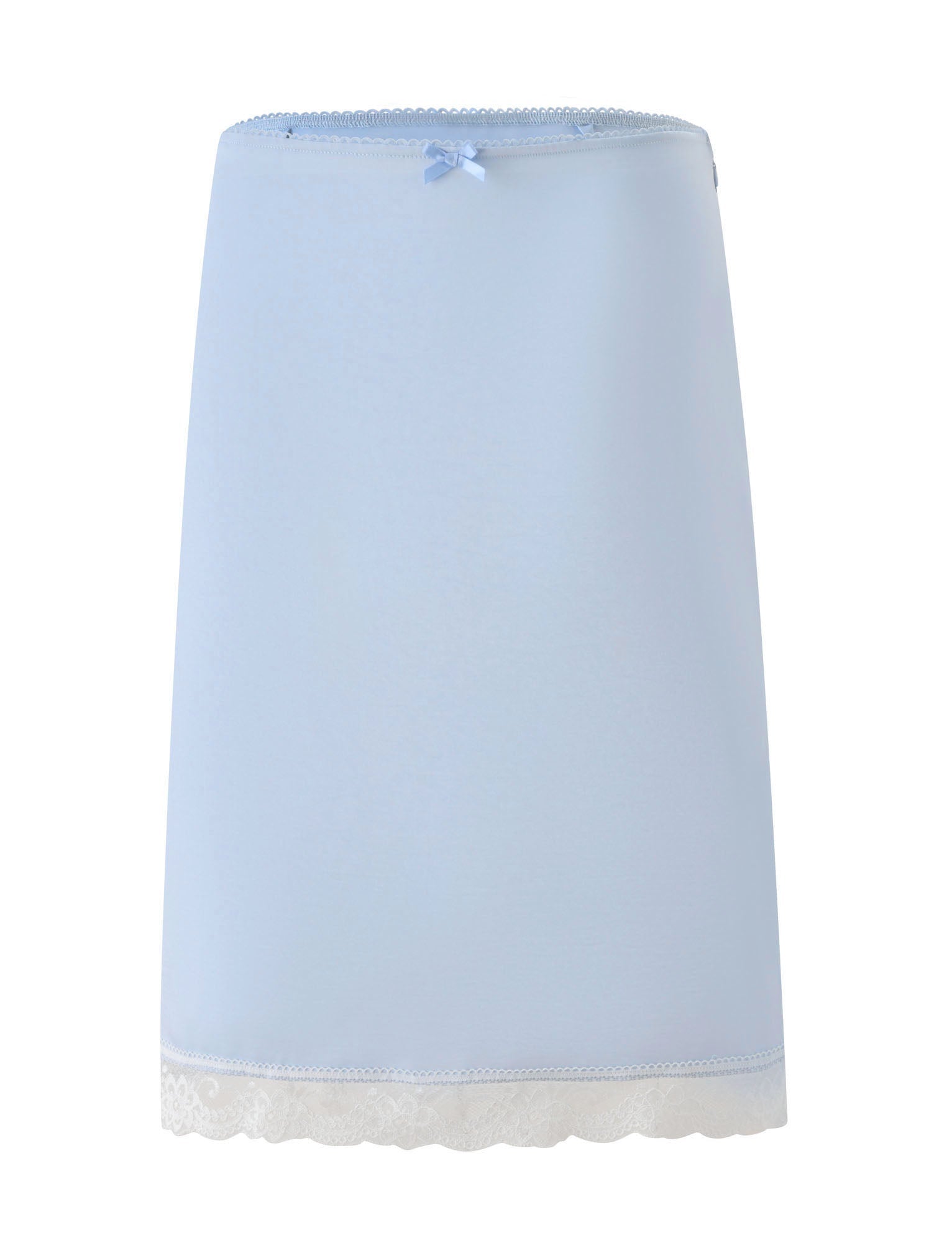 The LEISEL SKIRT - BABY BLUE by TIGERMIST features a light blue hue, a small decorative bow at the top front, and delicate white lace trim along the bottom hem. Styled with classic elegance and photographed against a crisp white background, this skirt offers timeless charm.