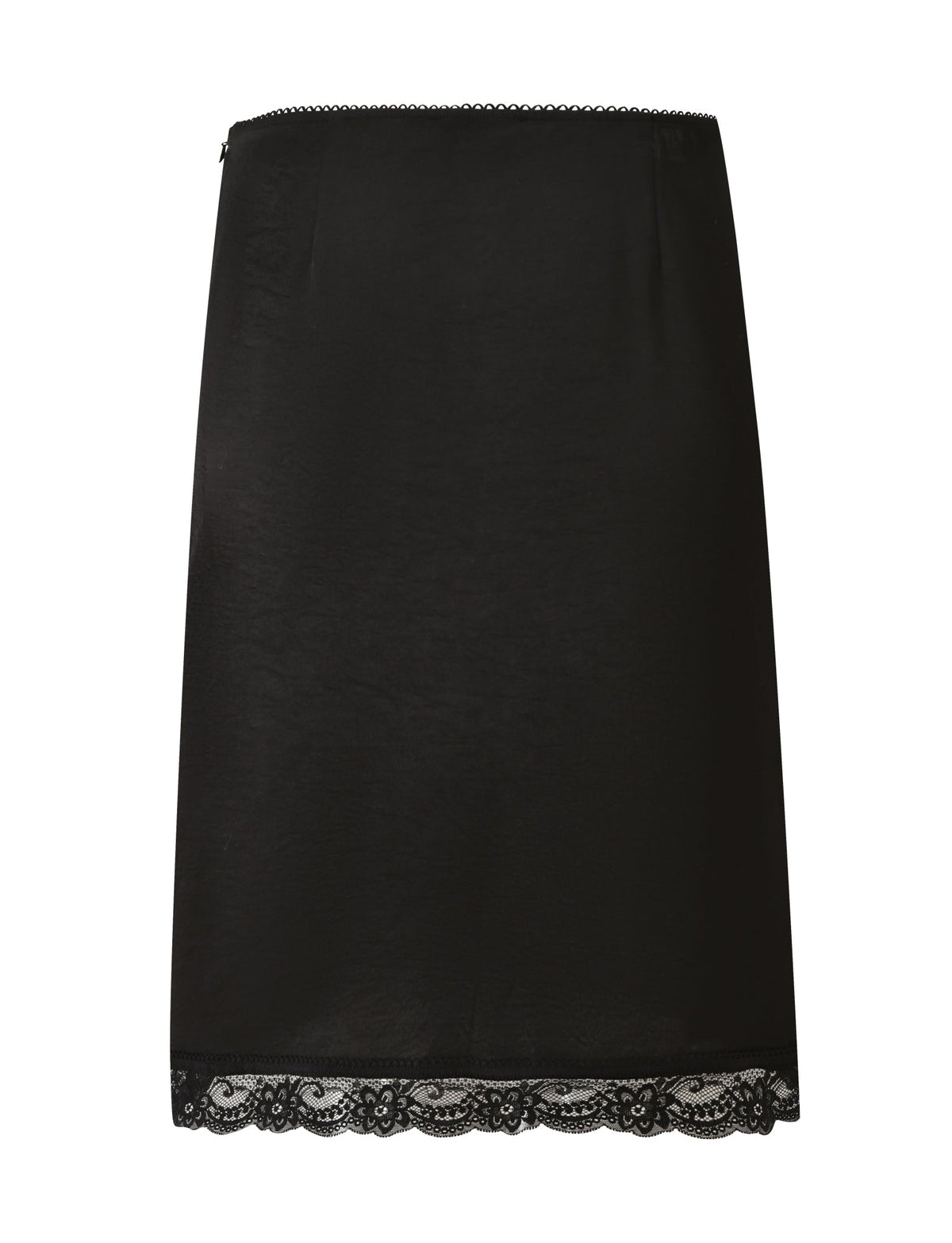 The LEISEL SKIRT - BLACK by TIGERMIST, a black satin midi skirt featuring lace trim at the hem, is displayed against a white background.