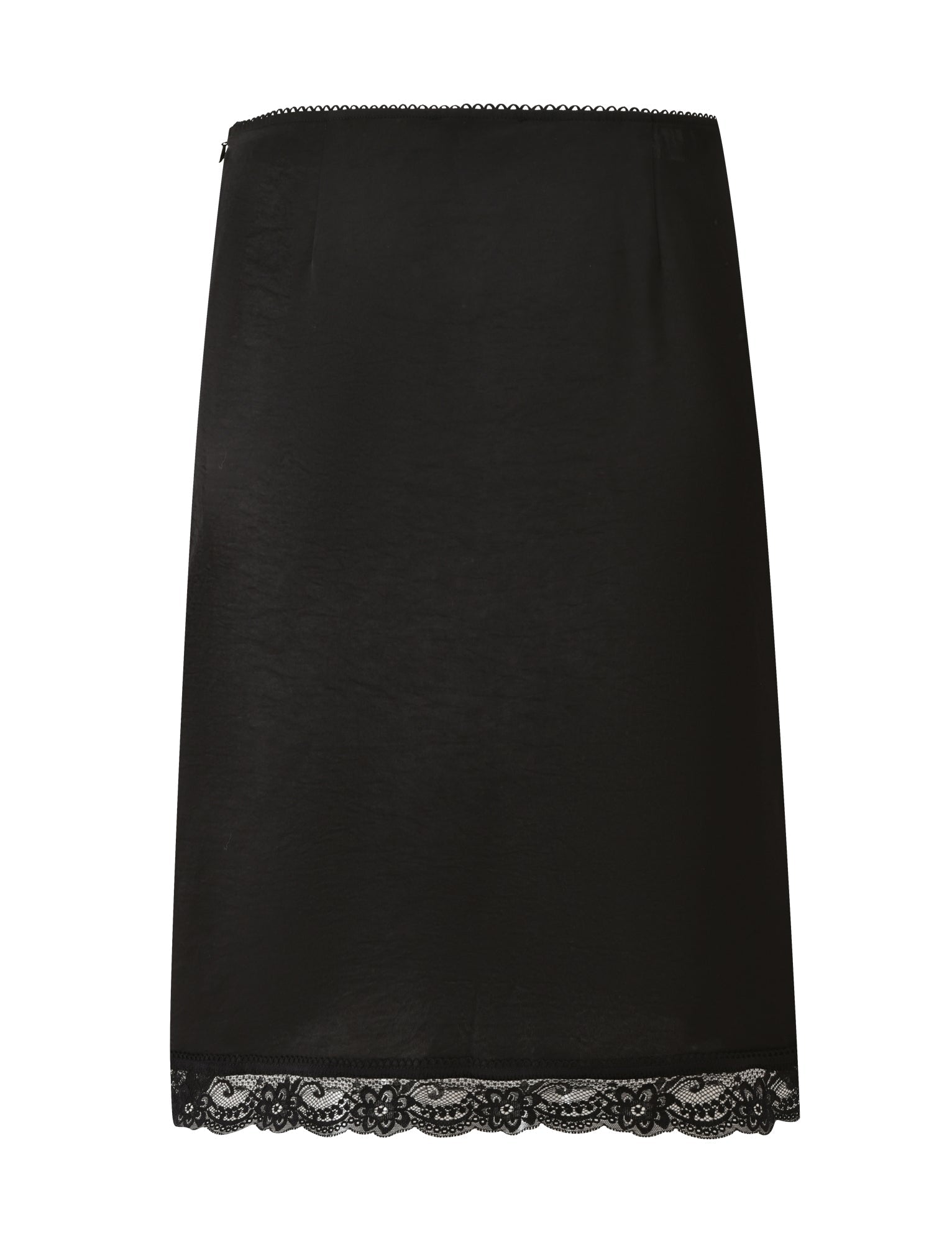 The LEISEL SKIRT - BLACK by TIGERMIST, a black satin midi skirt featuring lace trim at the hem, is displayed against a white background.