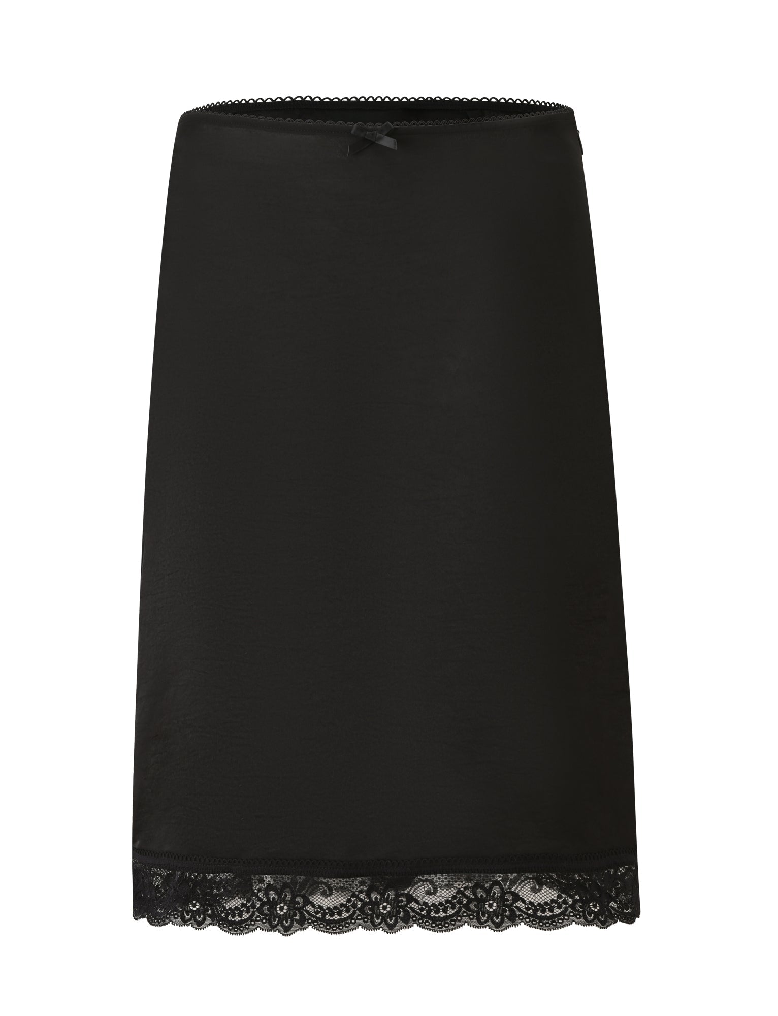 The LEISEL SKIRT - BLACK by TIGERMIST is a black midi half slip skirt featuring delicate lace trim at the hem, a small decorative bow at the waistband, and crafted from smooth fabric for understated elegance.