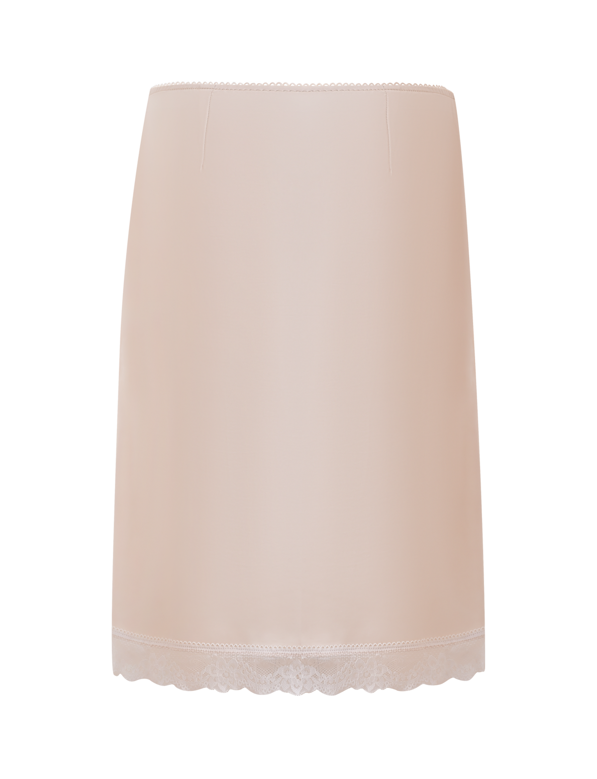The LEISEL SKIRT - CREAM by TIGERMIST is a cream midi skirt with a straight cut, subtle lace trim at the hem, and a smooth, seamless look, shown against a plain white background.