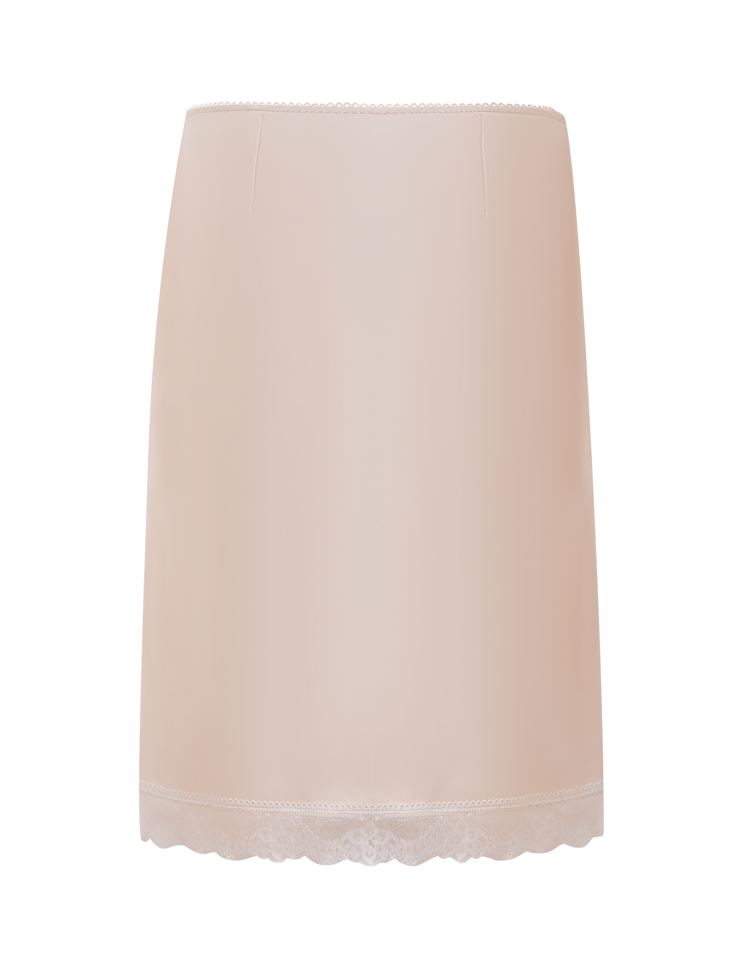 The LEISEL SKIRT - CREAM by TIGERMIST is a cream midi skirt with a straight cut, subtle lace trim at the hem, and a smooth, seamless look, shown against a plain white background.