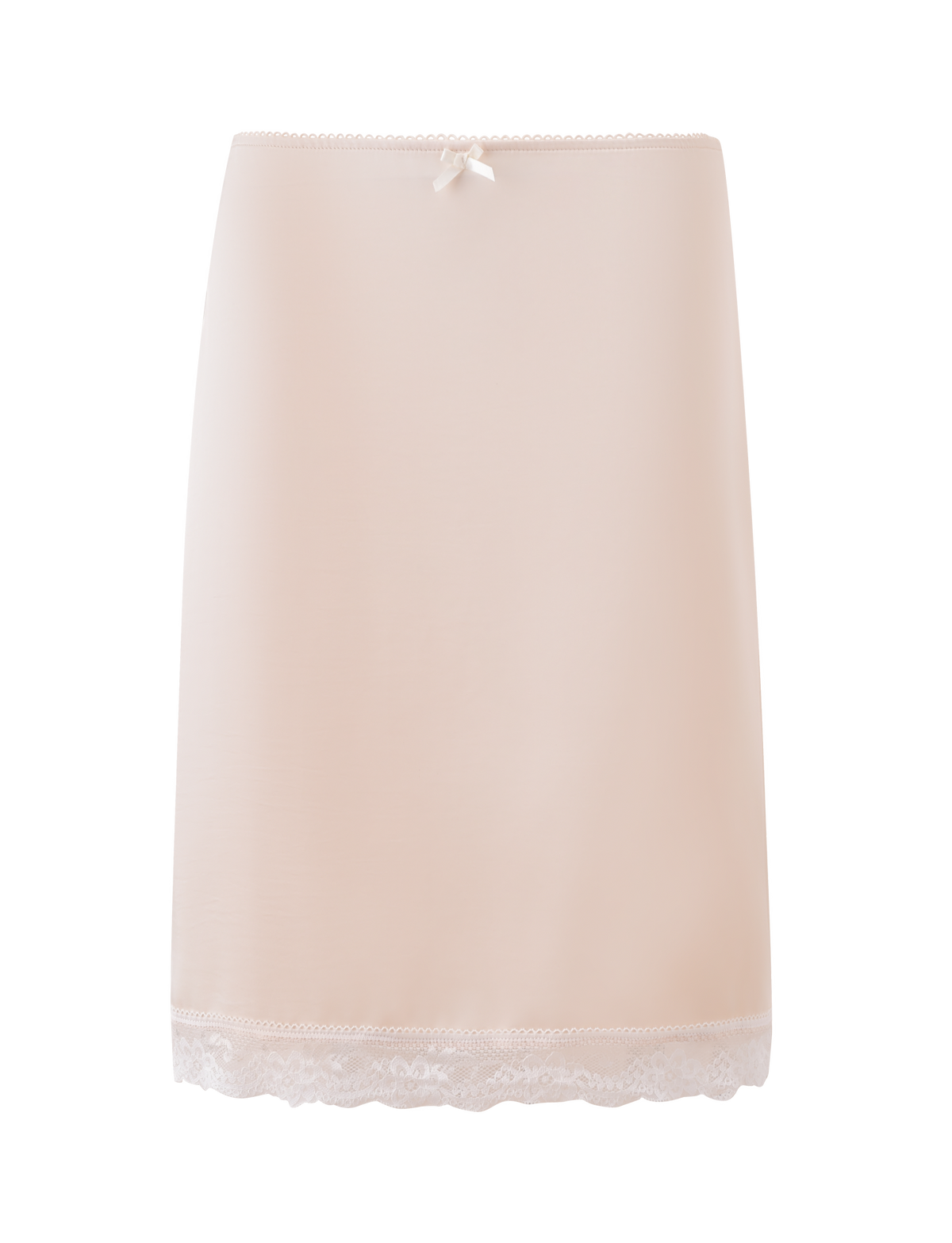 The LEISEL SKIRT - CREAM by TIGERMIST is a cream midi skirt with a satin bow at the waistband and lace trim on the hem, shown against a white background.