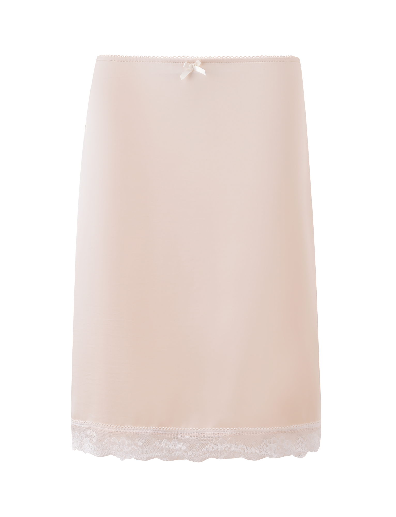 The LEISEL SKIRT - CREAM by TIGERMIST is a cream midi skirt with a satin bow at the waistband and lace trim on the hem, shown against a white background.