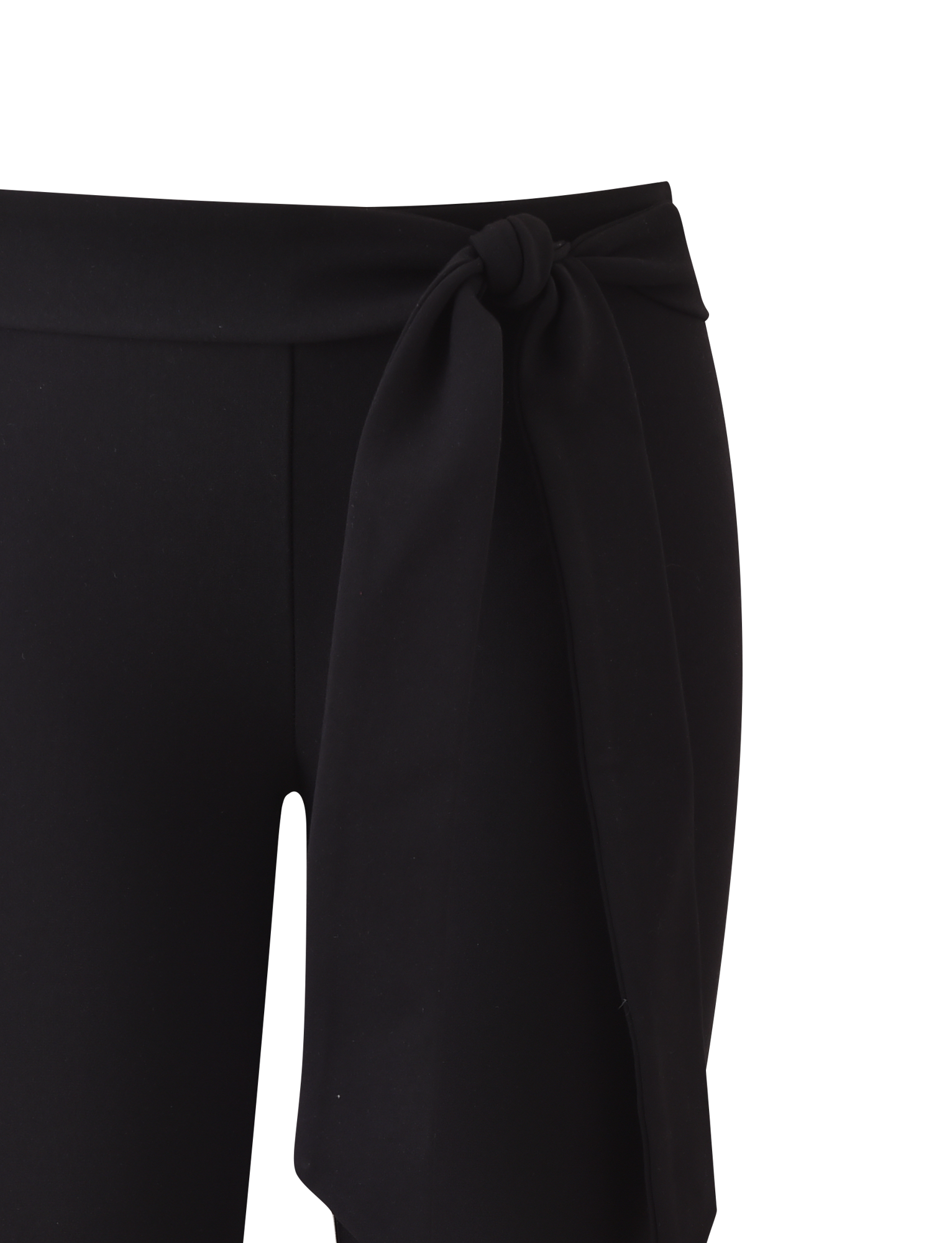 Close-up of the TIGERMIST PILAR CAPRI in black, featuring a mid-rise waist and a large, removable side-knotted waist tie. Shown against a plain white background.