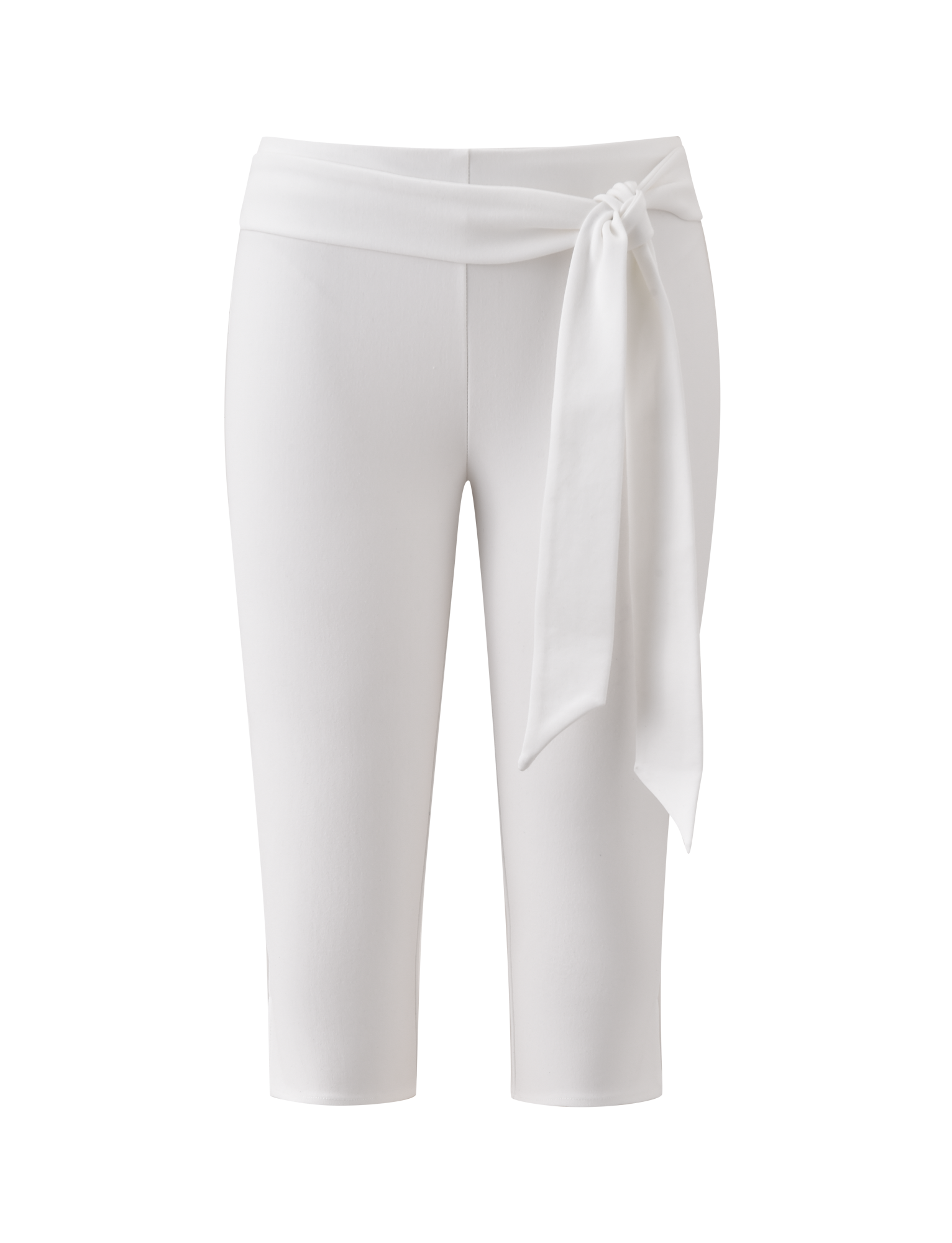 The PILAR CAPRI - WHITE by TIGERMIST features a slim fit, smooth minimalist design, flattering mid-rise waist, and a wide removable waist tie knotted at the side. Displayed on a plain white background.