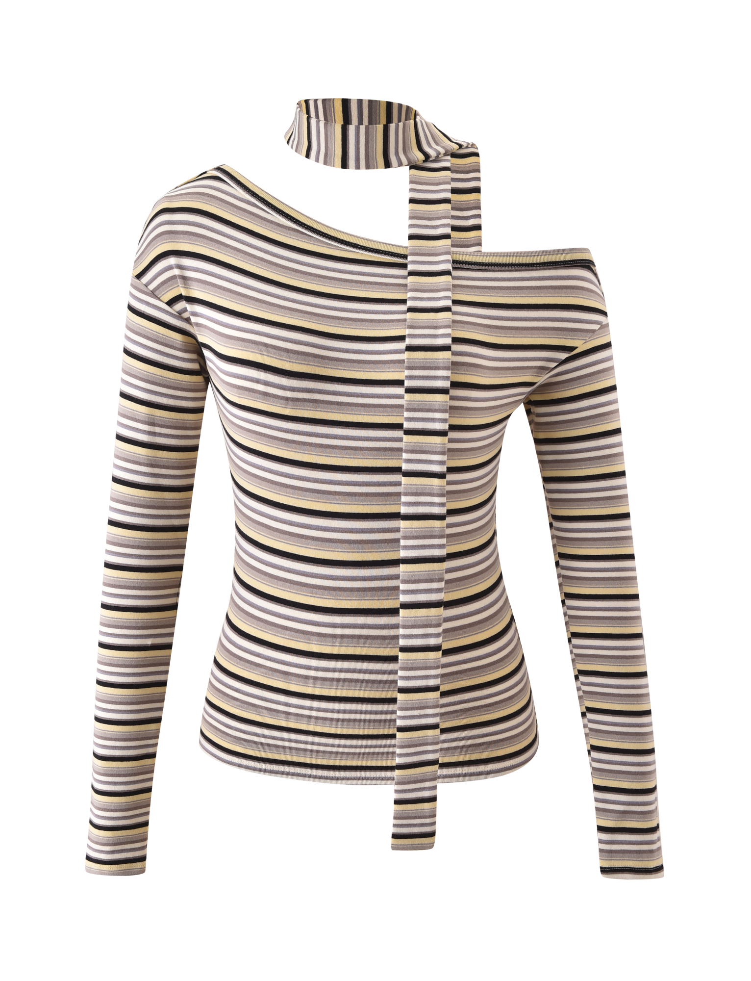 The TIGERMIST KIERSTEN SCARF TOP - MULTISTRIPE is a fitted, striped long sleeve with black, gray, white, and light yellow stripes. It features an off-shoulder neckline and comes with a matching skinny scarf for extra style.
