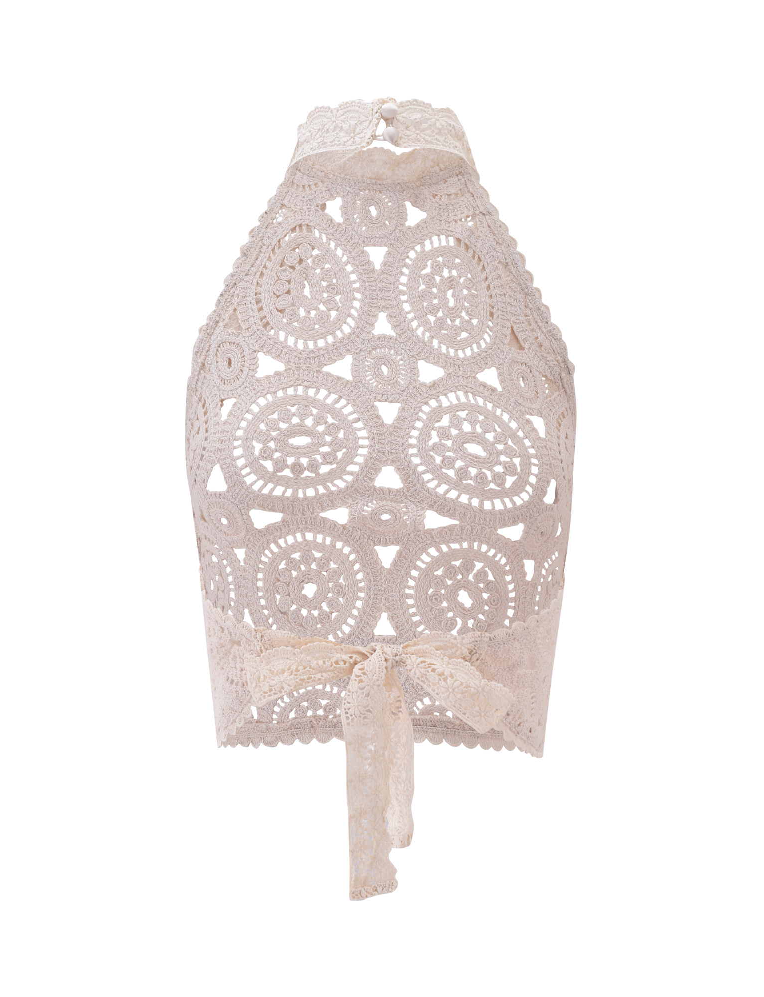 The SYNTHIA CROCHET TOP in cream by TIGERMIST features a halter neck, delicate lace trim, circular motifs, scalloped edges, and a sash tie back—ideal as a beach cover-up or chic summer essential.