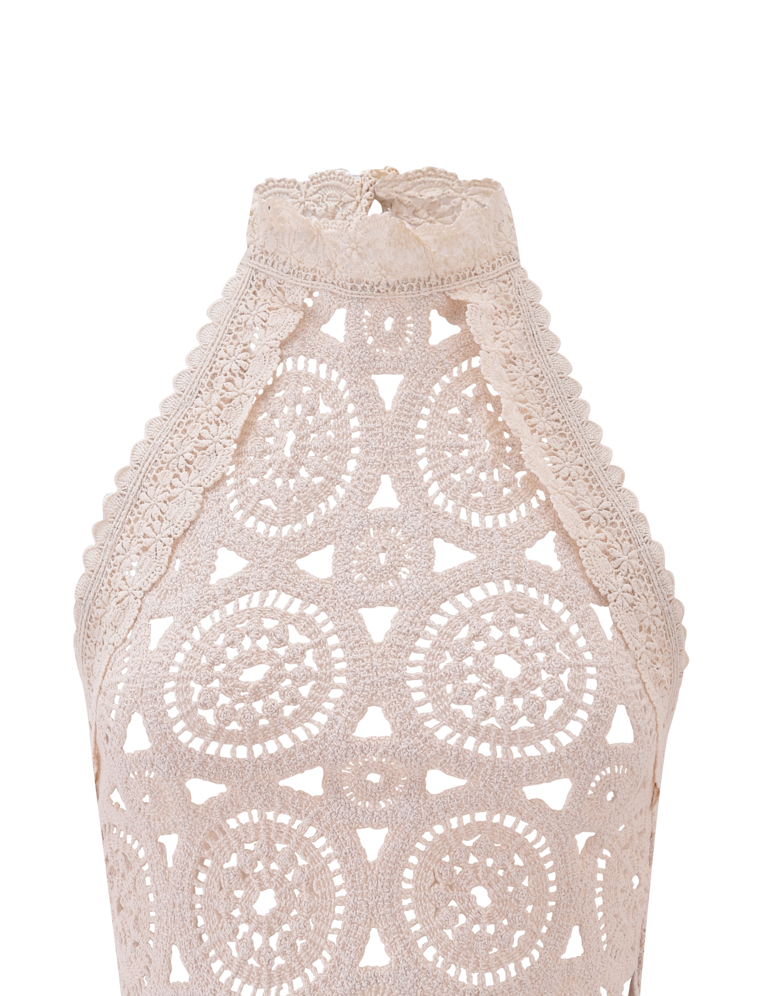 The SYNTHIA CROCHET TOP by TIGERMIST is a cream, sleeveless high-neck halter featuring intricate circular and triangular lace patterns with scalloped trim along the neck and shoulders for a delicate textured look.