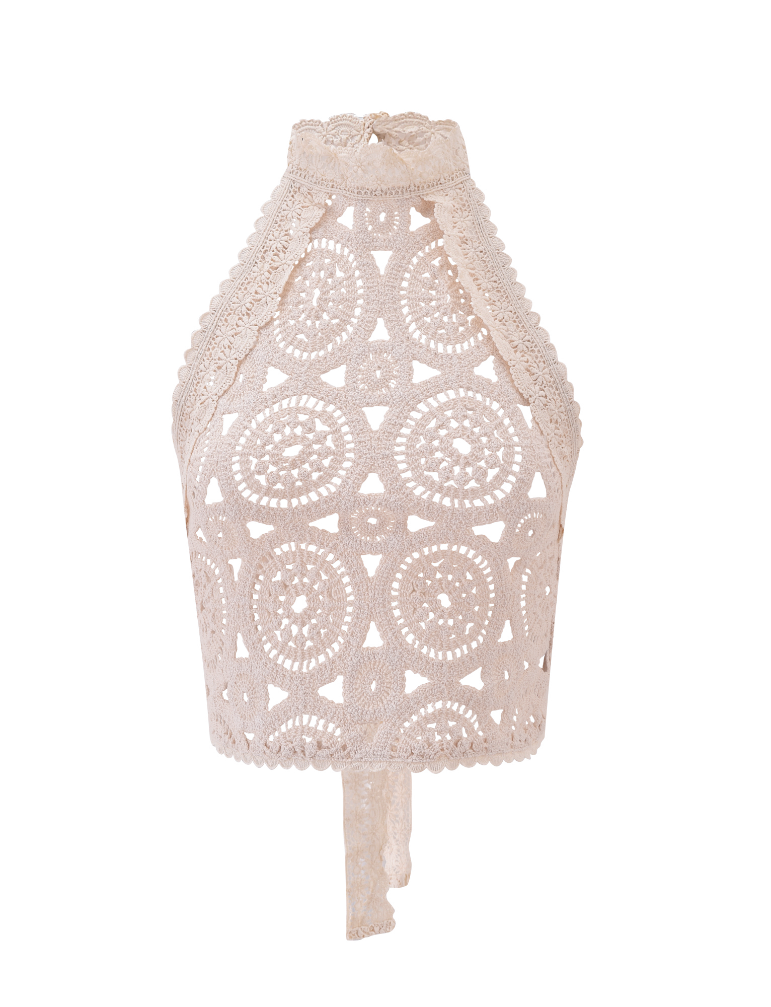 The SYNTHIA CROCHET TOP in cream by TIGERMIST features intricate circular and geometric crochet patterns, lace trim, scalloped edges, and adjustable neck/back ties—ideal as a semi-sheer openwork beach cover up.