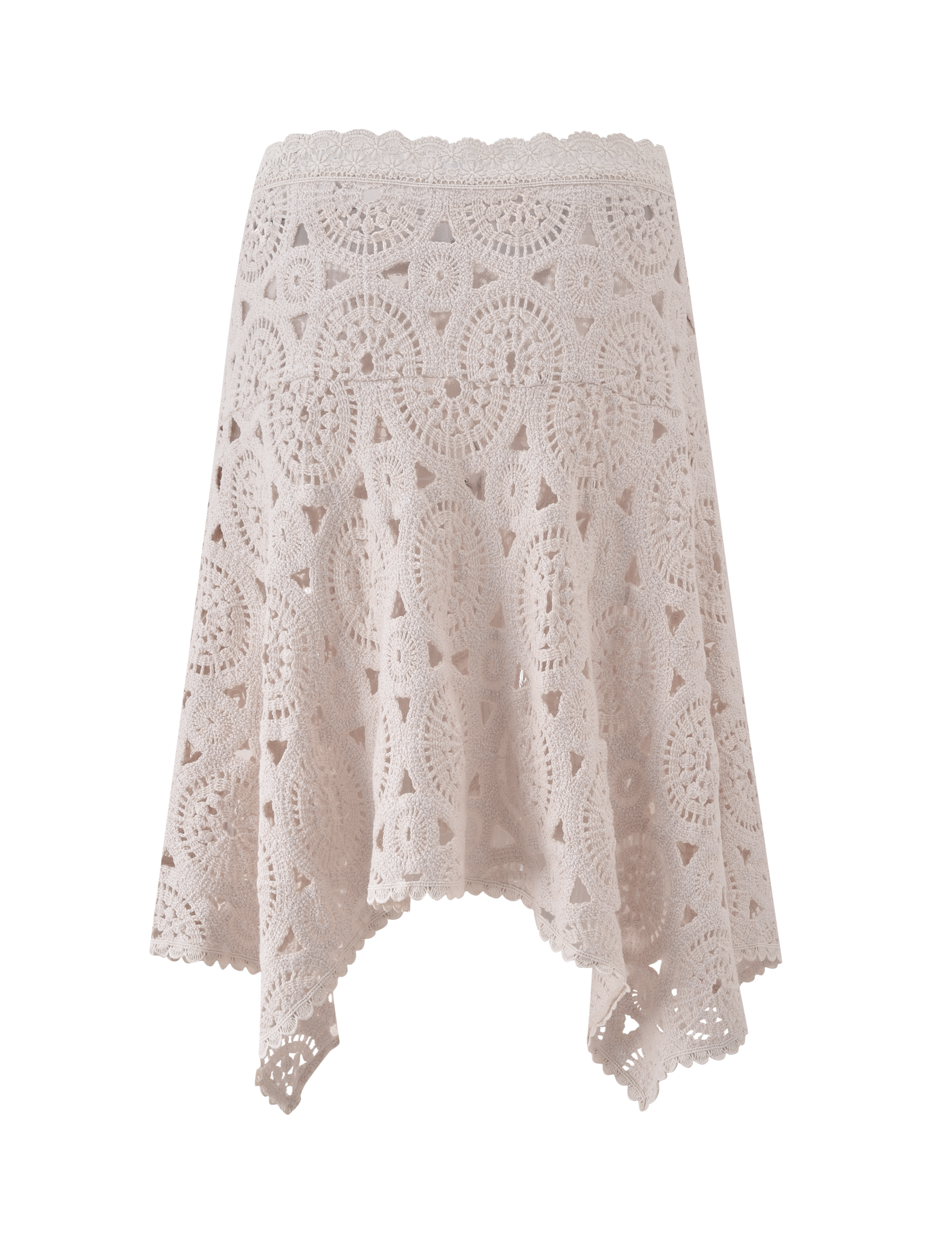 The SYNTHIA CROCHET MIDI SKIRT in cream by TIGERMIST features a scalloped waistband, lace trim, detailed circular lace pattern, and an asymmetric handkerchief hem.