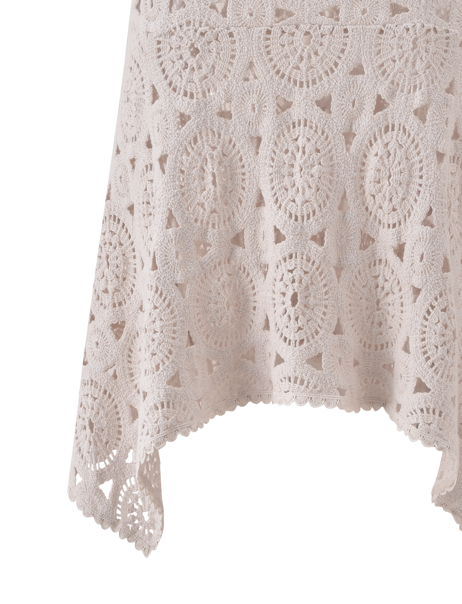 A close-up of the SYNTHIA CROCHET MIDI SKIRT in cream by TIGERMIST, featuring intricate handcrafted geometric and circular lace patterns, scalloped edges, and delicate trim for an elegant textured look.
