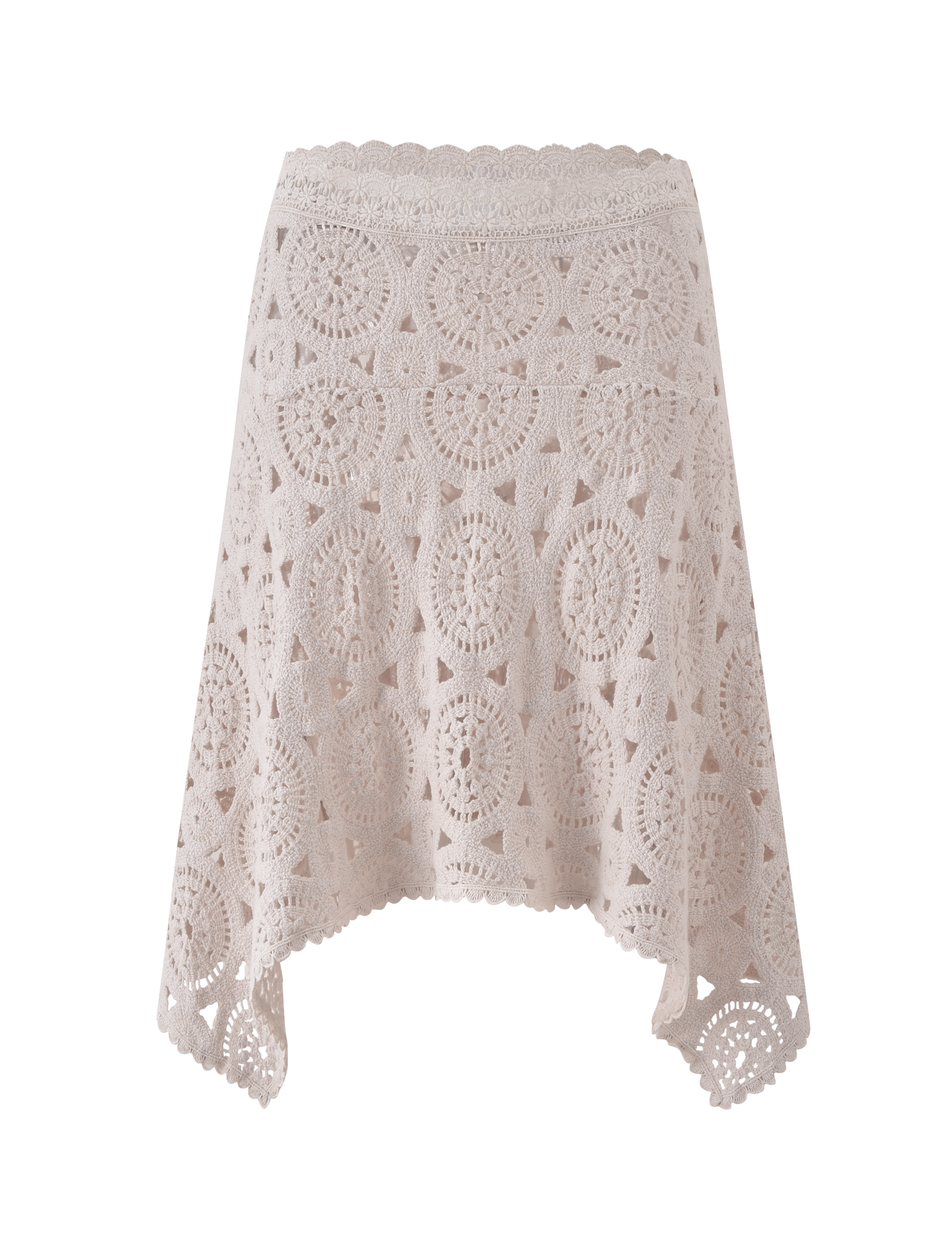 The SYNTHIA CROCHET MIDI SKIRT in cream by TIGERMIST features intricate circular lace patterns and a scalloped handkerchief hem, shown against a white background.