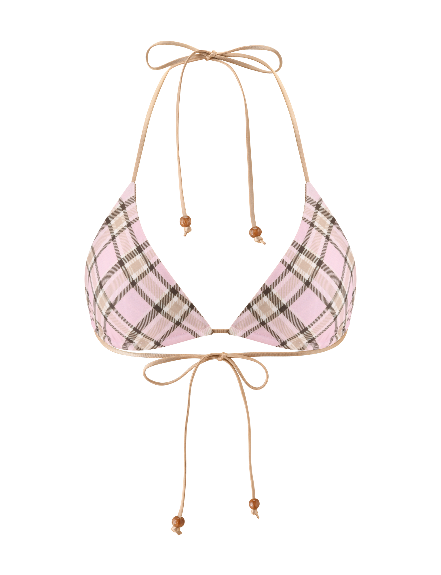The TIGERMIST AVE REVERSIBLE BIKINI TOP in tan and pink plaid features thin straps that tie at the neck and back, offering a fresh, playful look. Displayed against a plain white background.