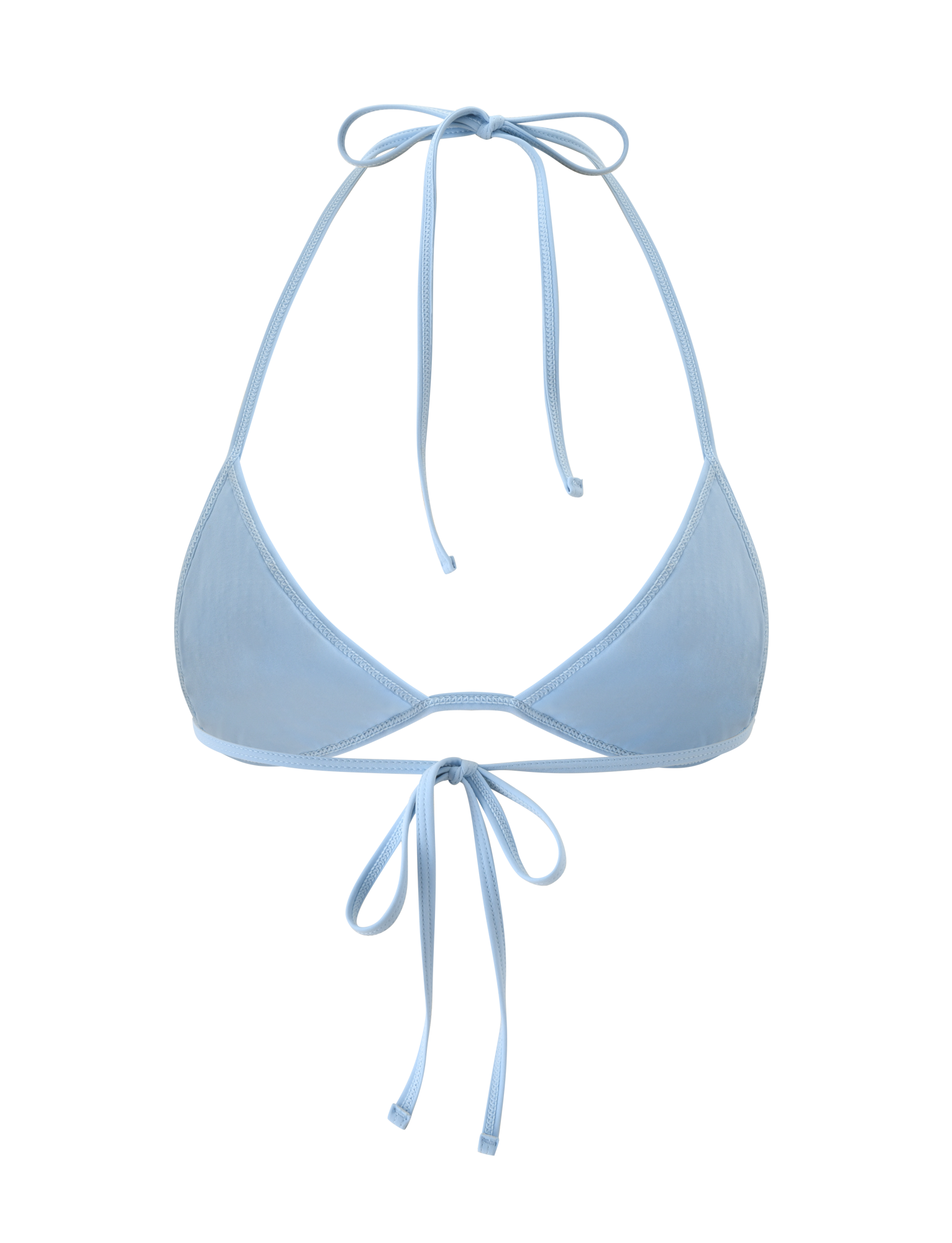The SOLAS SEQUIN BIKINI TOP in sky blue by TIGERMIST features thin tie straps at the neck and back, with shimmering sequins for a standout beach club look. Shown against a plain white background.