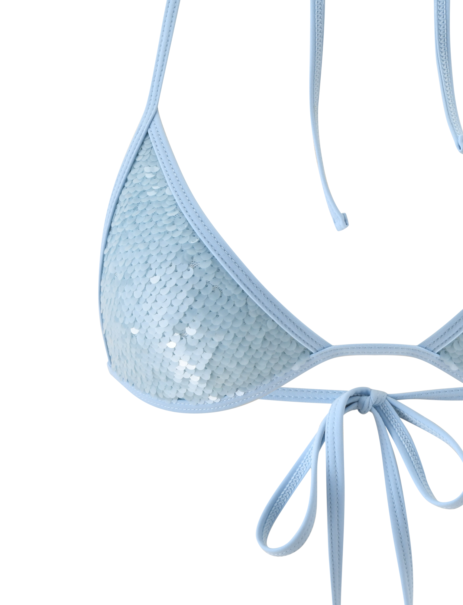 Close-up of the TIGERMIST SOLAS SEQUIN BIKINI TOP in sky blue, featuring thin straps—one tied in a bow, another untied—set against a white background; the perfect swimwear piece for any beach club.