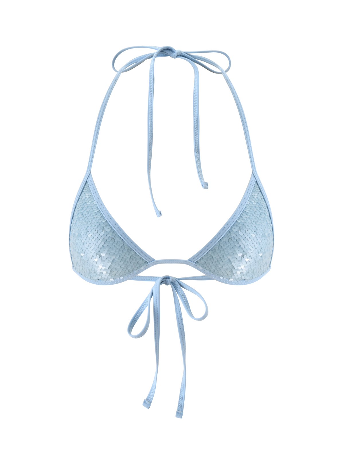The SOLAS SEQUIN BIKINI TOP - SKY BLUE by TIGERMIST features light blue sequins with adjustable halter neck and back ties, ideal for beach club swimwear. Shown on a plain white background.