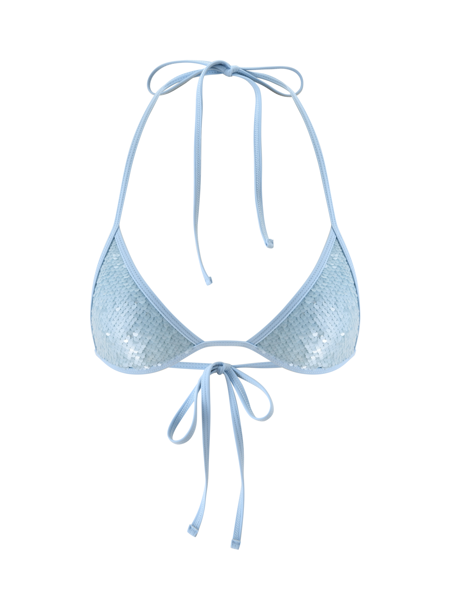 The SOLAS SEQUIN BIKINI TOP - SKY BLUE by TIGERMIST features light blue sequins with adjustable halter neck and back ties, ideal for beach club swimwear. Shown on a plain white background.