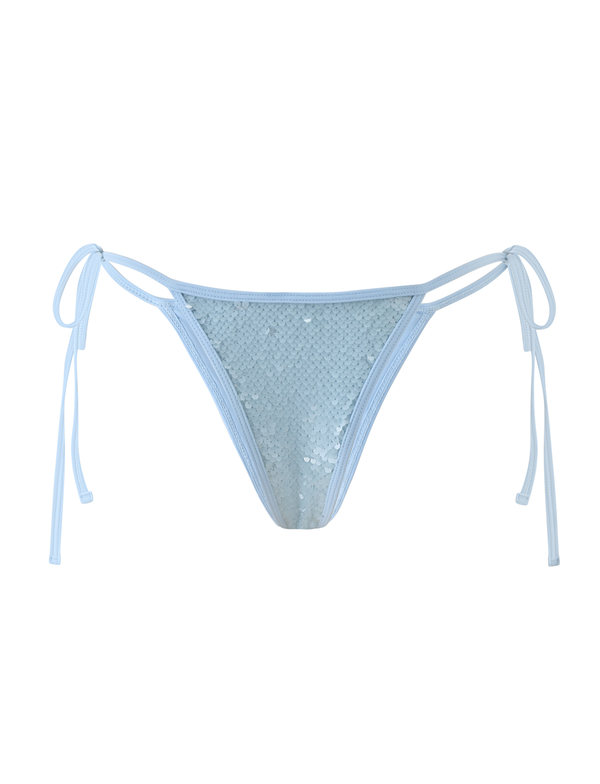 The SOLAS SEQUIN BIKINI BOTTOM - SKY BLUE by TIGERMIST features adjustable waist ties and a cheeky fit, shown on a plain white background.