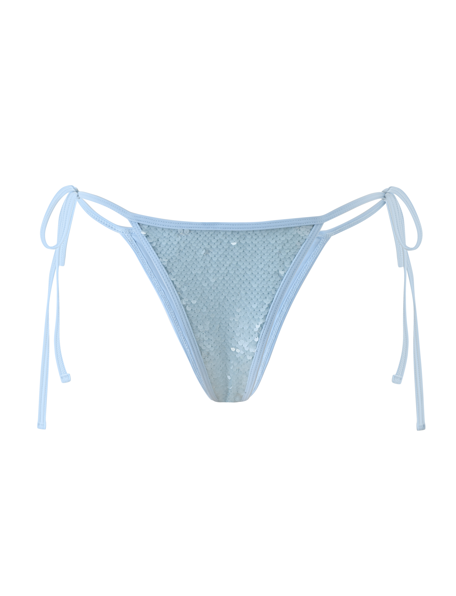 The SOLAS SEQUIN BIKINI BOTTOM - SKY BLUE by TIGERMIST features adjustable waist ties and a cheeky fit, shown on a plain white background.