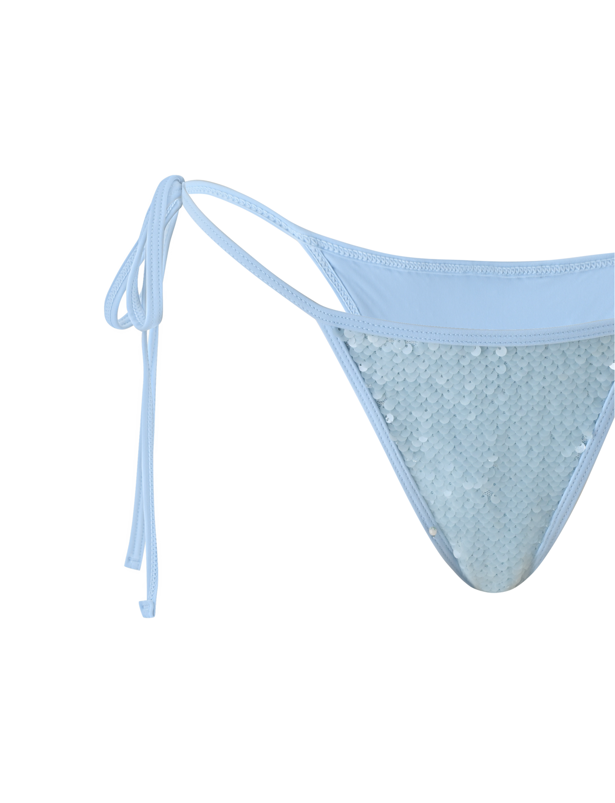 Close-up of the TIGERMIST SOLAS SEQUIN BIKINI BOTTOM in sky blue, featuring a cheeky fit and adjustable side tie straps, set against a plain white background.