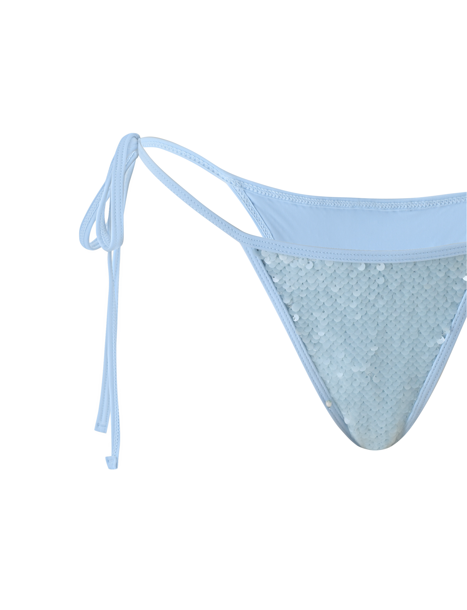 Close-up of the TIGERMIST SOLAS SEQUIN BIKINI BOTTOM in sky blue, featuring a cheeky fit and adjustable side tie straps, set against a plain white background.