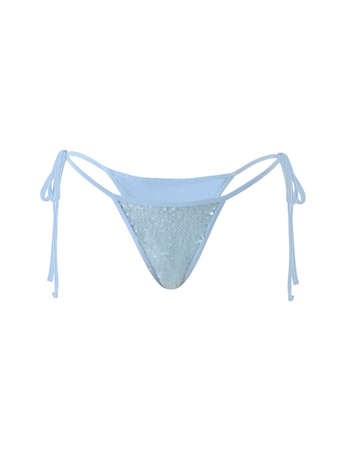 The SOLAS SEQUIN BIKINI BOTTOM - SKY BLUE by TIGERMIST features a cheeky fit and adjustable waist ties on both sides, shown against a plain white background.