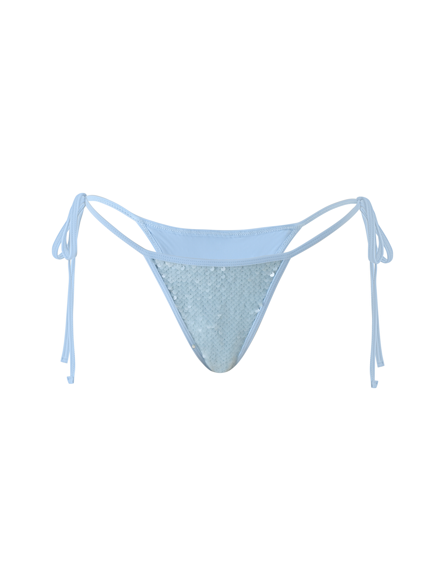 The SOLAS SEQUIN BIKINI BOTTOM - SKY BLUE by TIGERMIST features a cheeky fit and adjustable waist ties on both sides, shown against a plain white background.