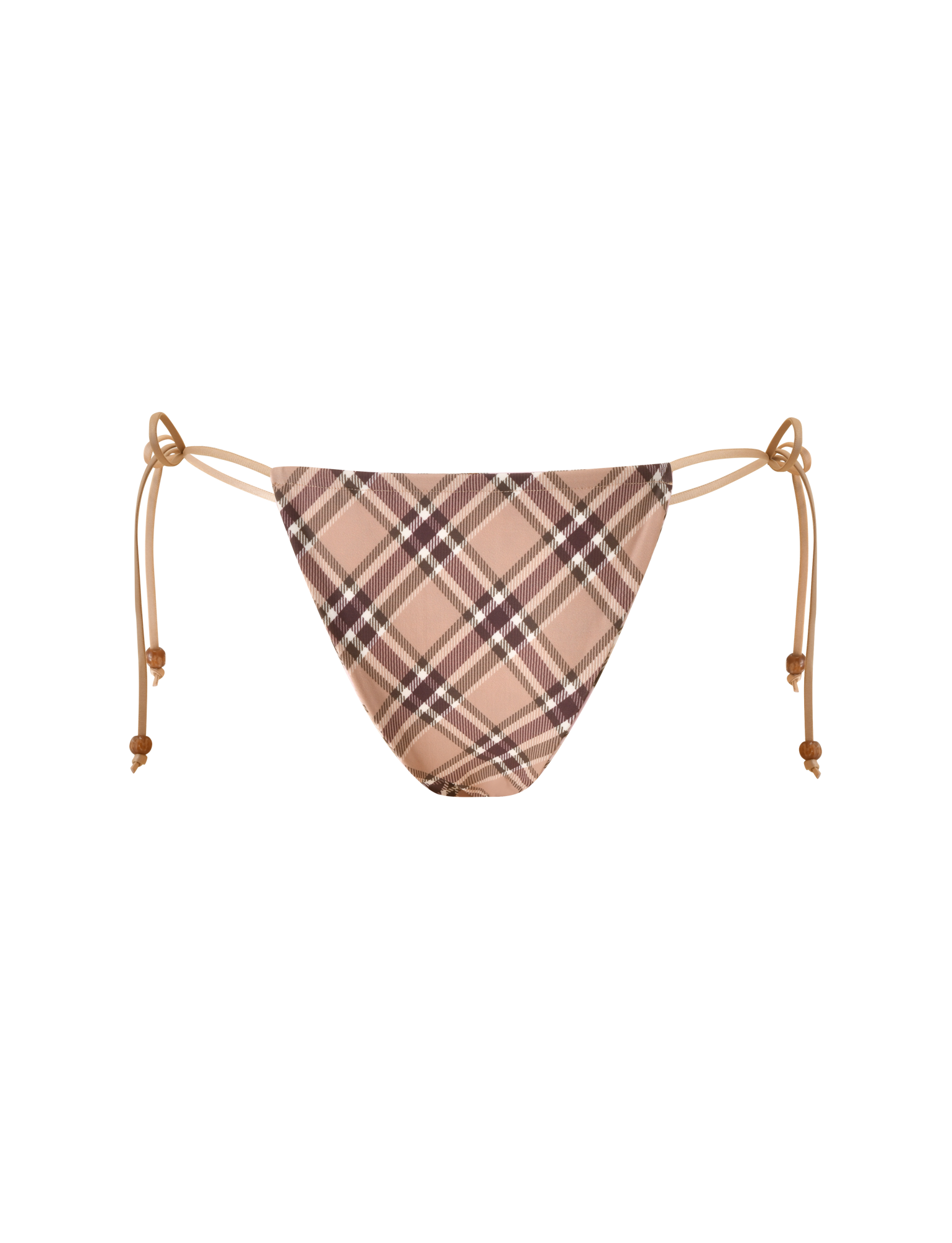 The TIGERMIST AVE Reversible Bikini Bottom with Scarf features a tan and pink plaid pattern, adjustable side ties with small beads, and is shown on a plain white background.